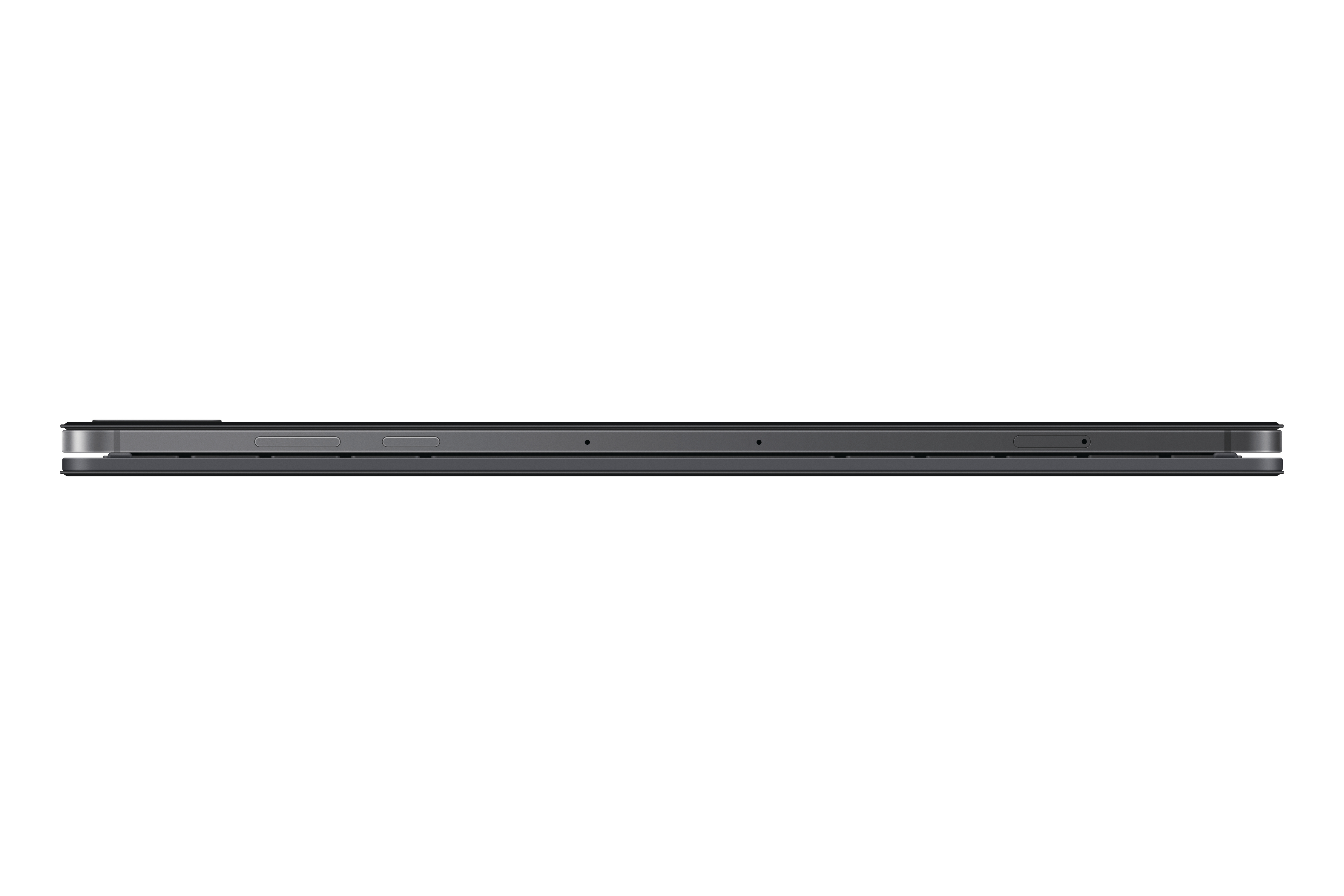 Seitenansicht eines geschlossenen dunklen Laptops oder Tablets auf weißem Hintergrund mit Tasten und Anschlüssen.