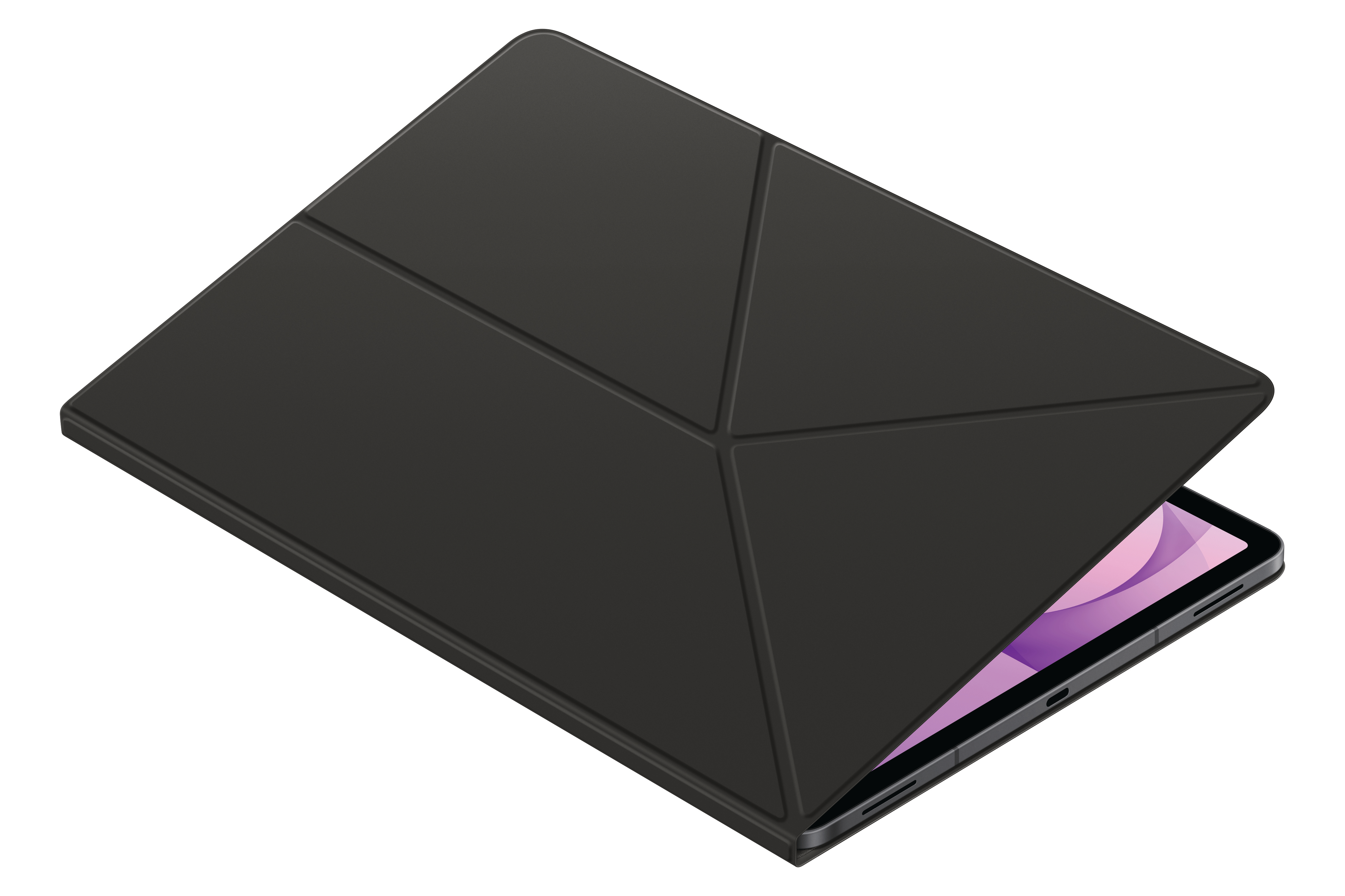 Ein Tablet in einer schwarzen Schutzhülle, die teilweise geöffnet ist und den Bildschirm zeigt.