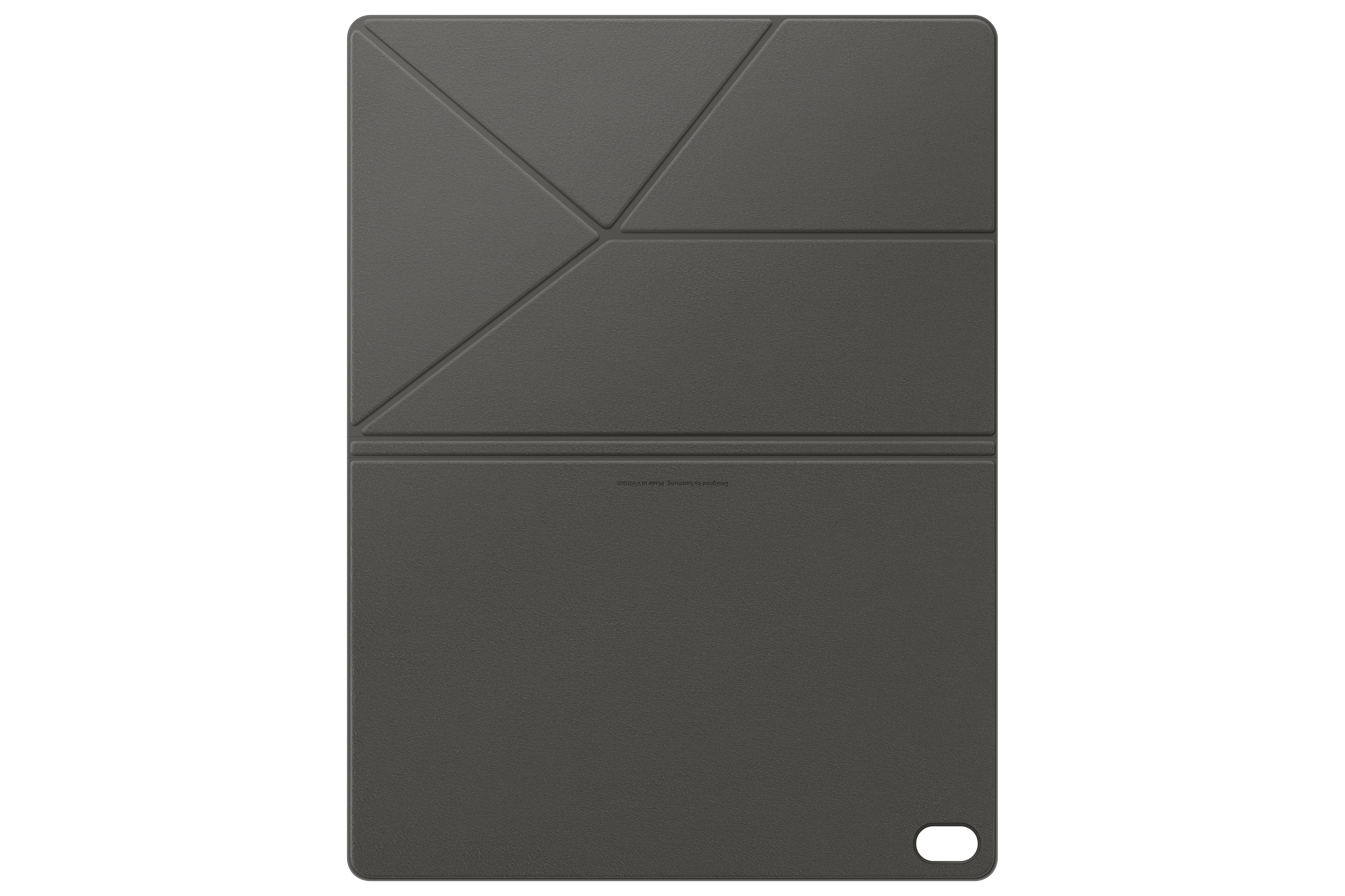 Eine dunkelgraue Tablethülle mit gefaltetem Cover und Kameraaussparung unten rechts.