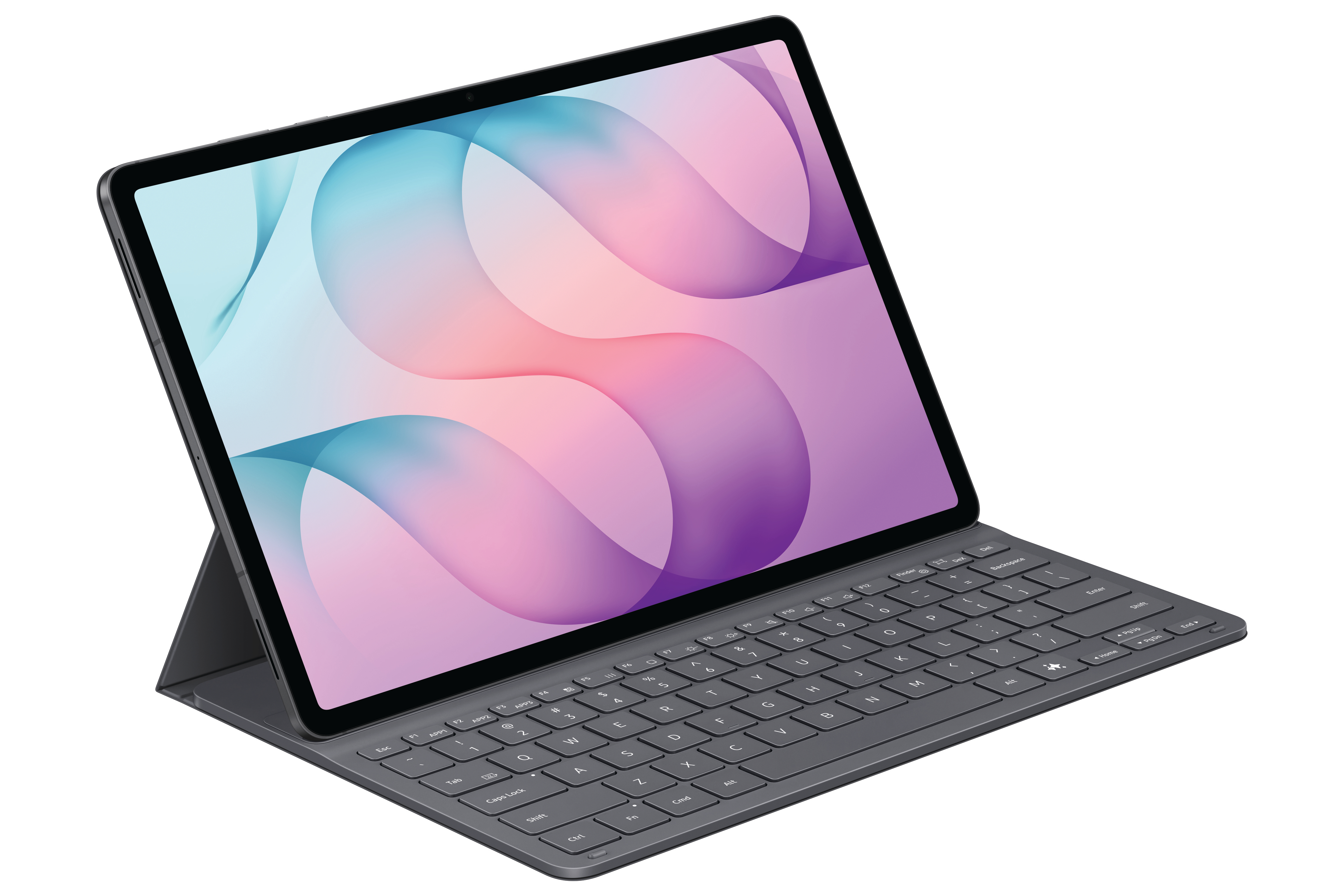 Ein dunkles Tablet mit buntem Wellenmuster-Hintergrund ist auf einem passenden Tastatur-Cover aufgestellt.