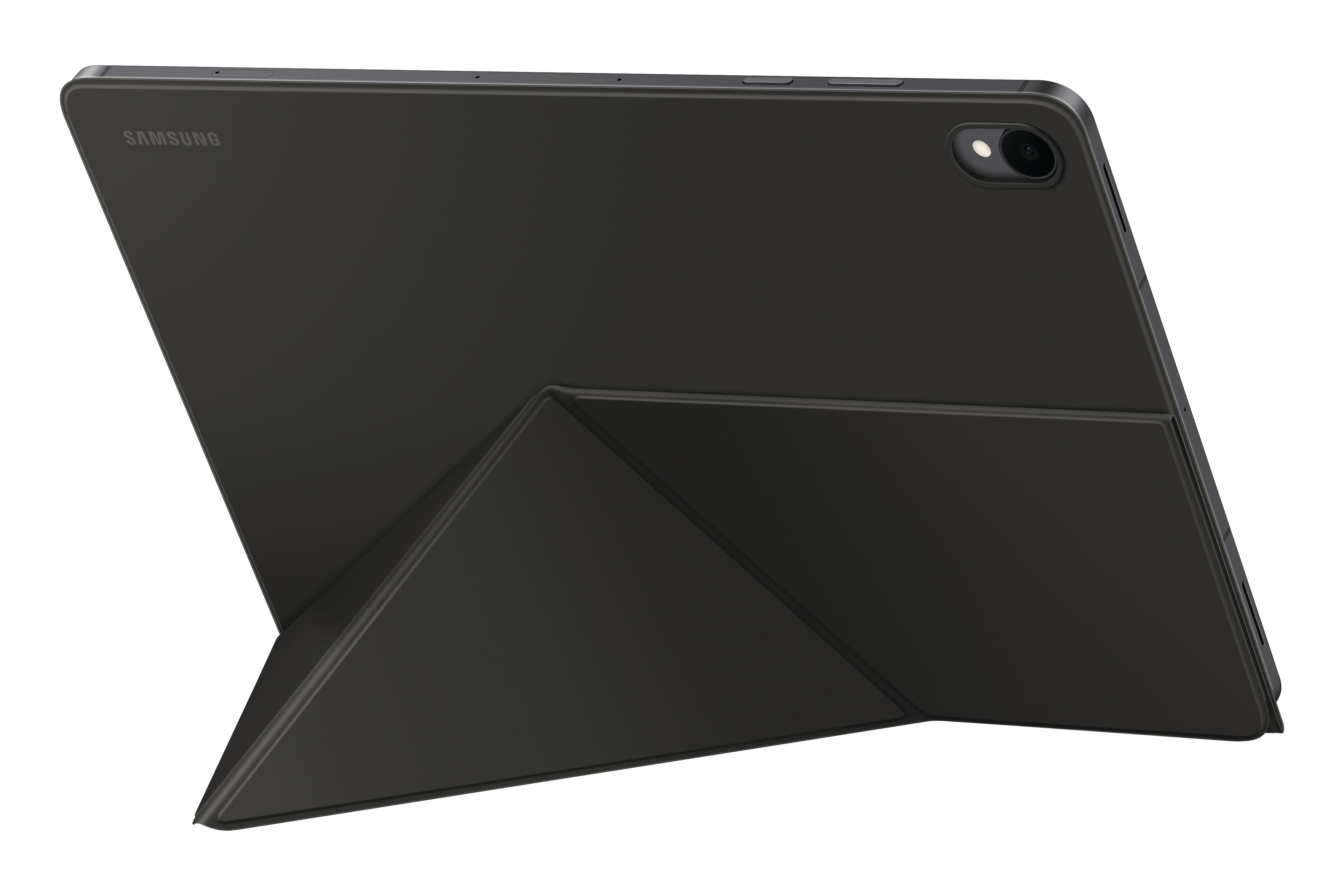 Ein schwarzes Samsung-Tablet in einem klappbaren Ständer, der es aufrecht gegen einen weißen Hintergrund hält.