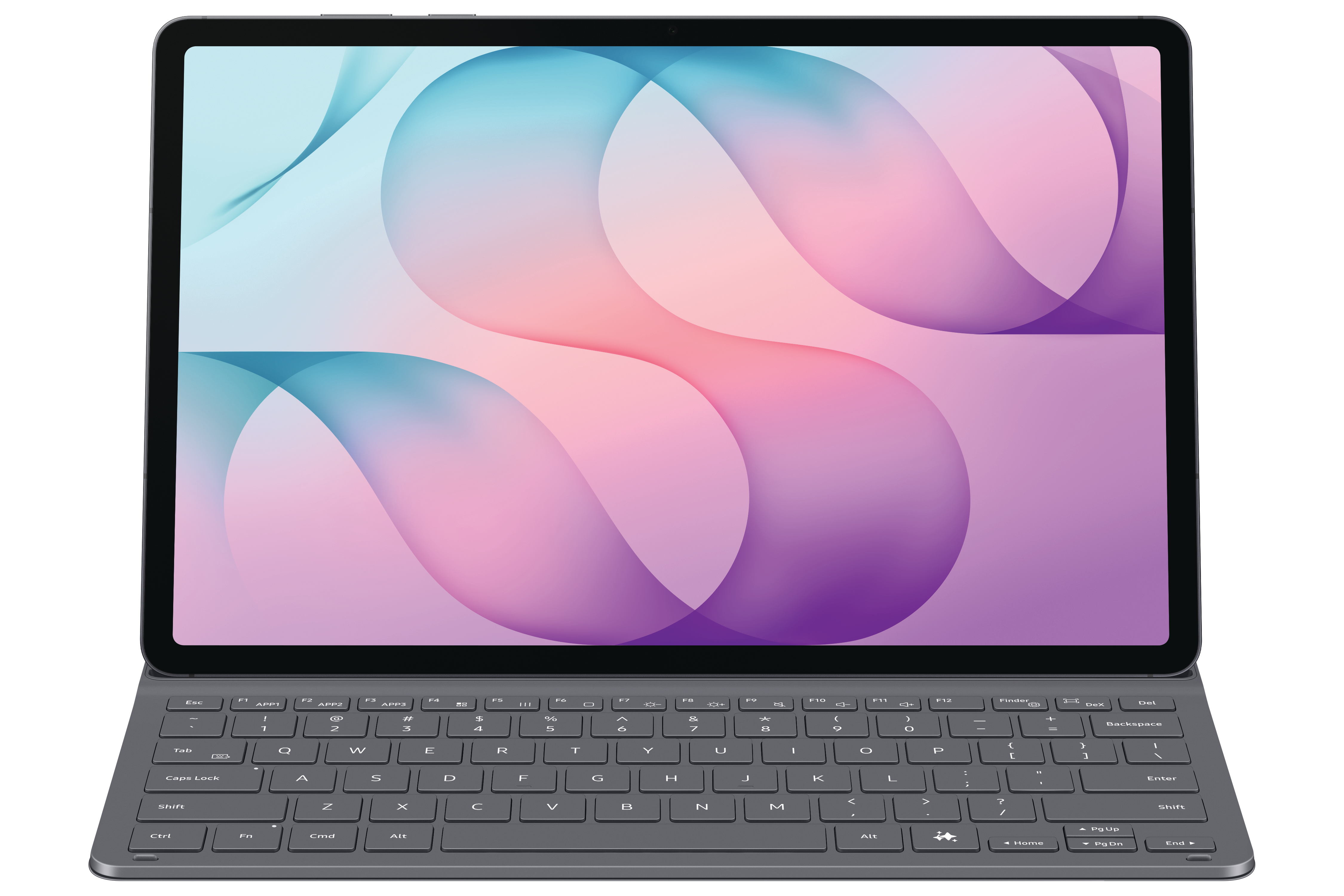 Ein modernes Tablet mit einer pink-türkisen Wellenmuster-Hintergrundgrafik, verbunden mit einer grauen QWERTY-Tastatur.