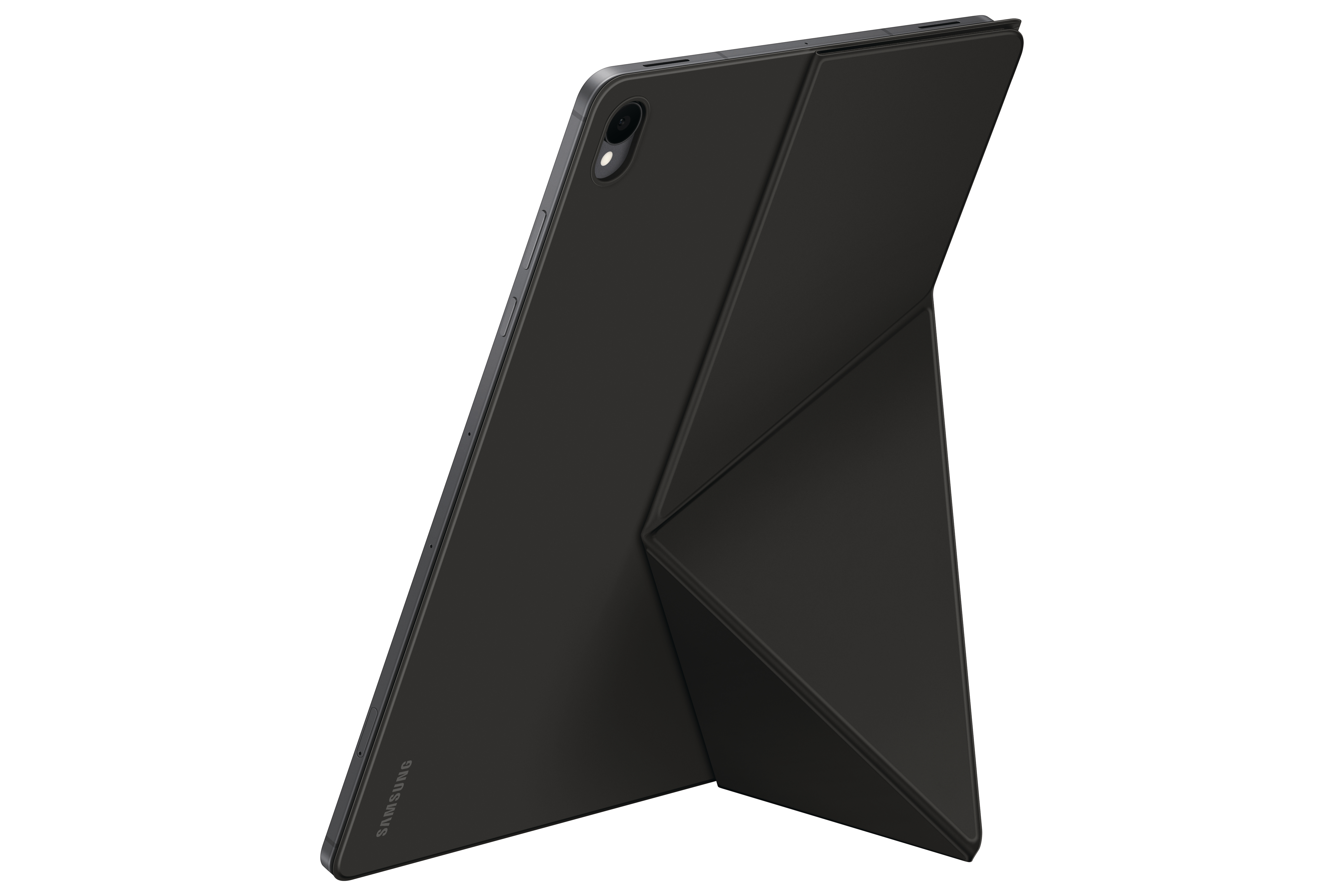 Ein schwarzes Tablet steht aufrecht auf einer weißen Oberfläche, gestützt von einer klappbaren Hülle.