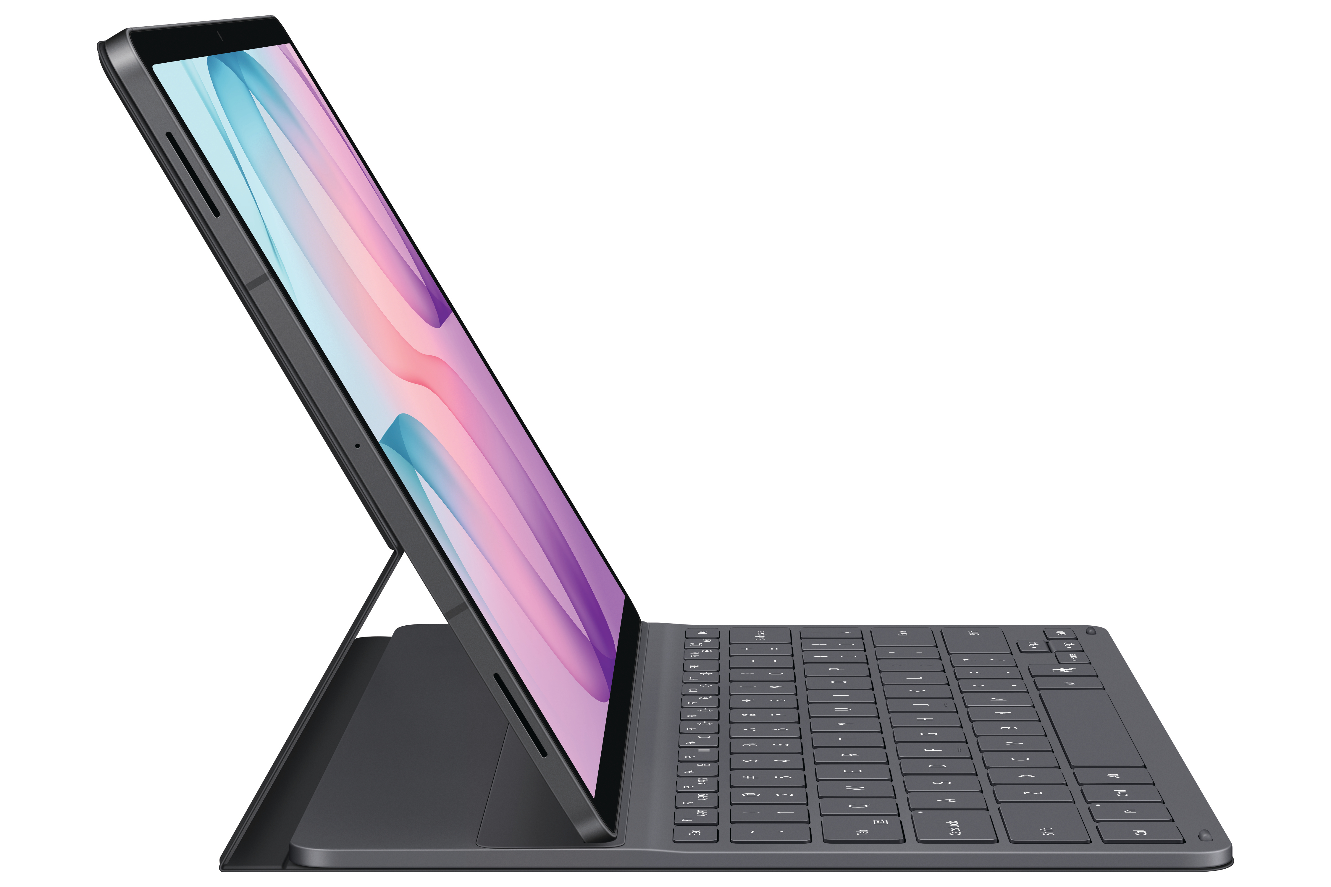 Ein Tablet mit farbigem Hintergrundbild steht schräg auf einer dunklen Tastatur.