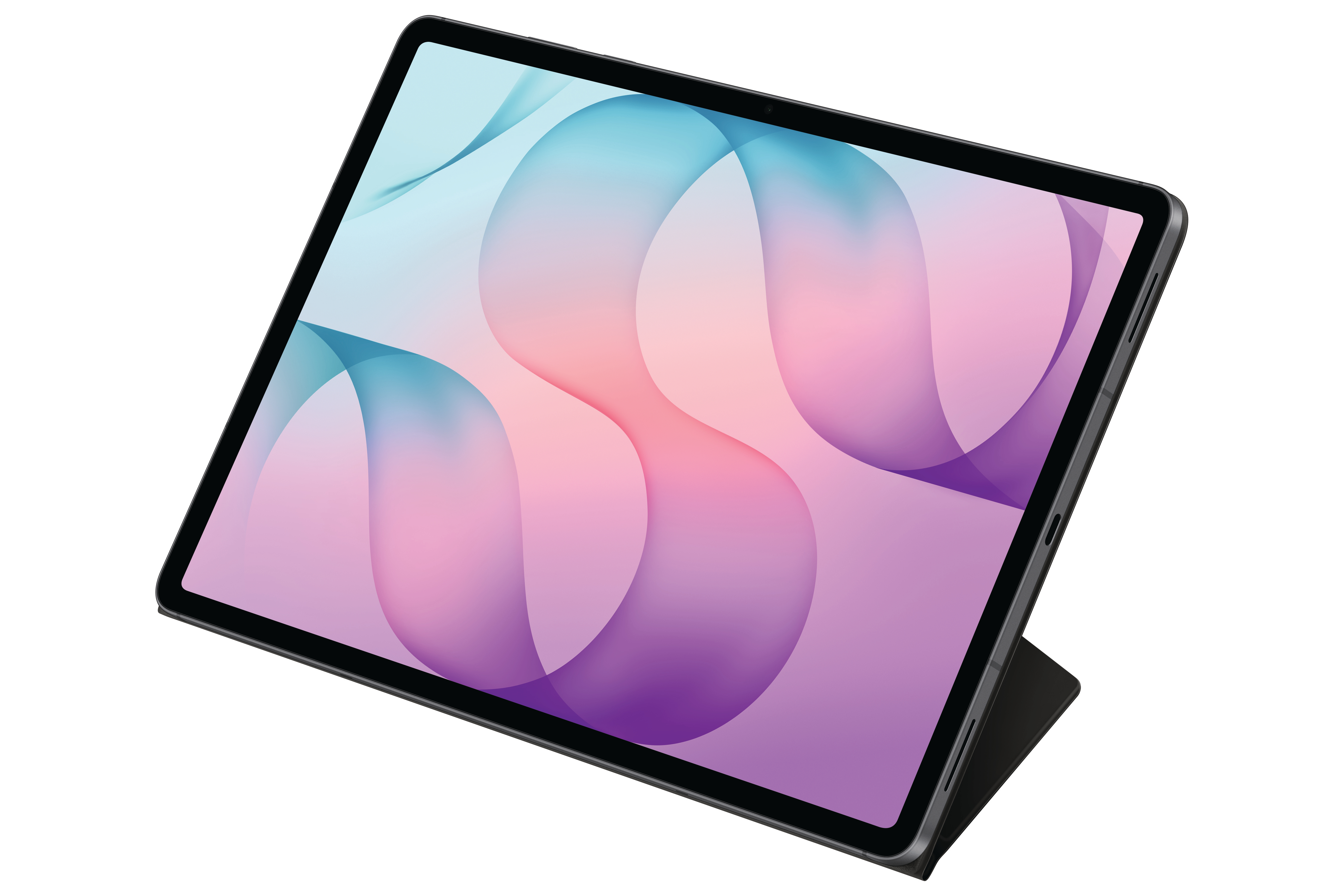 Ein dunkles Tablet in einem Ständer zeigt ein buntes, abstraktes Hintergrundbild mit rosa, violetten und blauen Wellen.