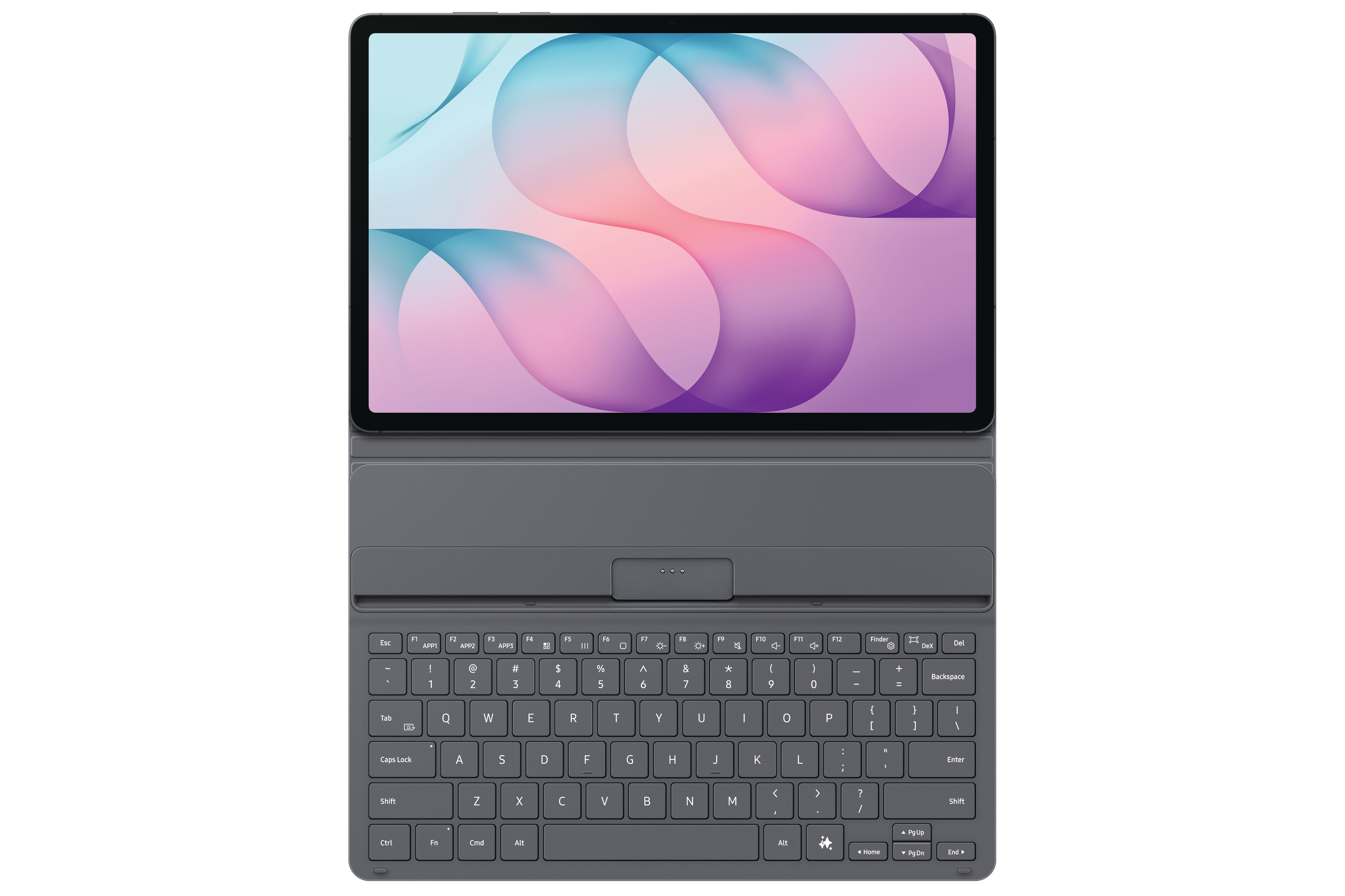 Ein graues Tablet mit farbigem Bildschirm und passender Tastatur auf weißem Hintergrund.