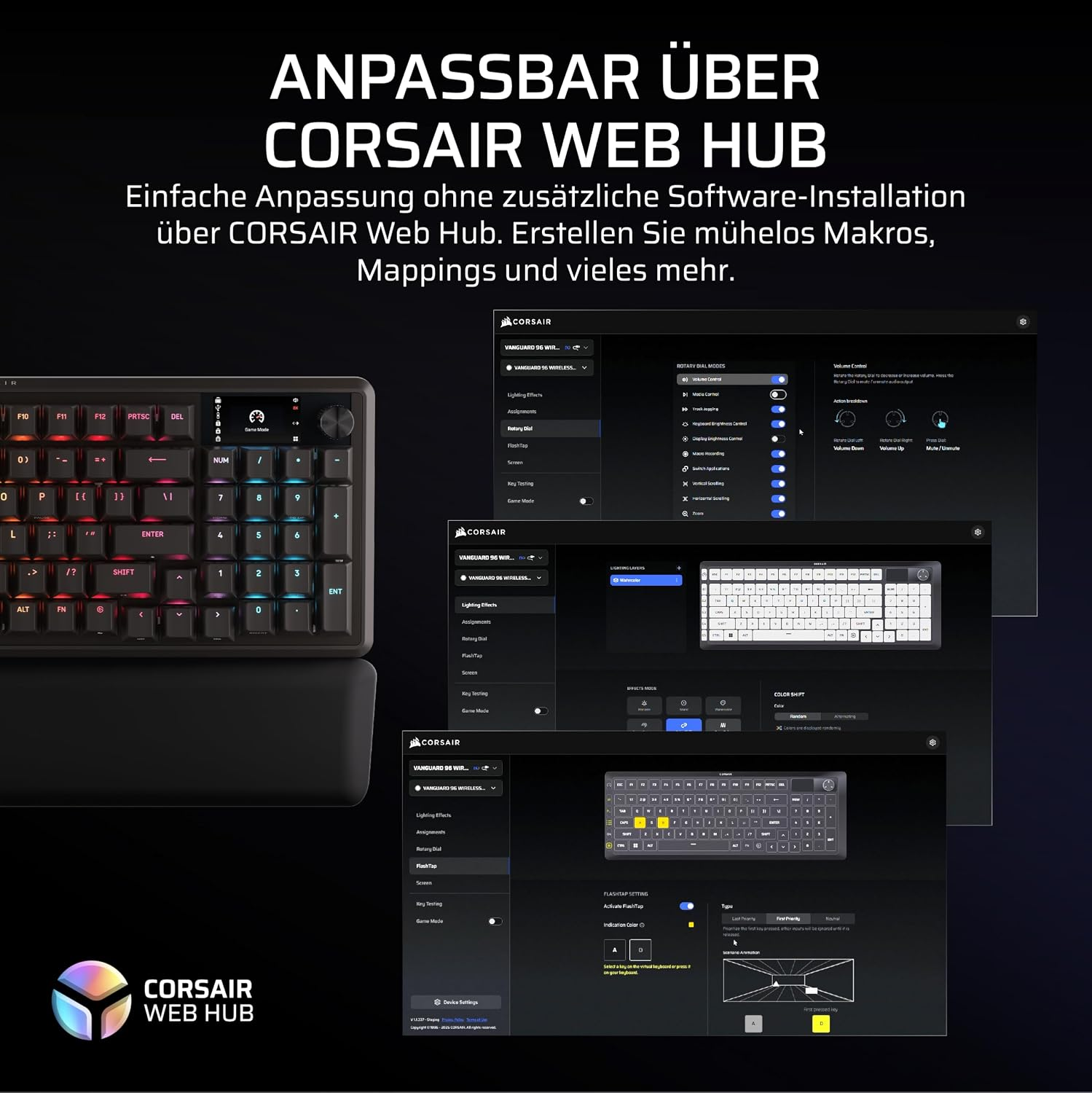 Anpassbare Corsair Tastatur mit Web Hub, zeigt Software-Schnittstellen und Hardware.