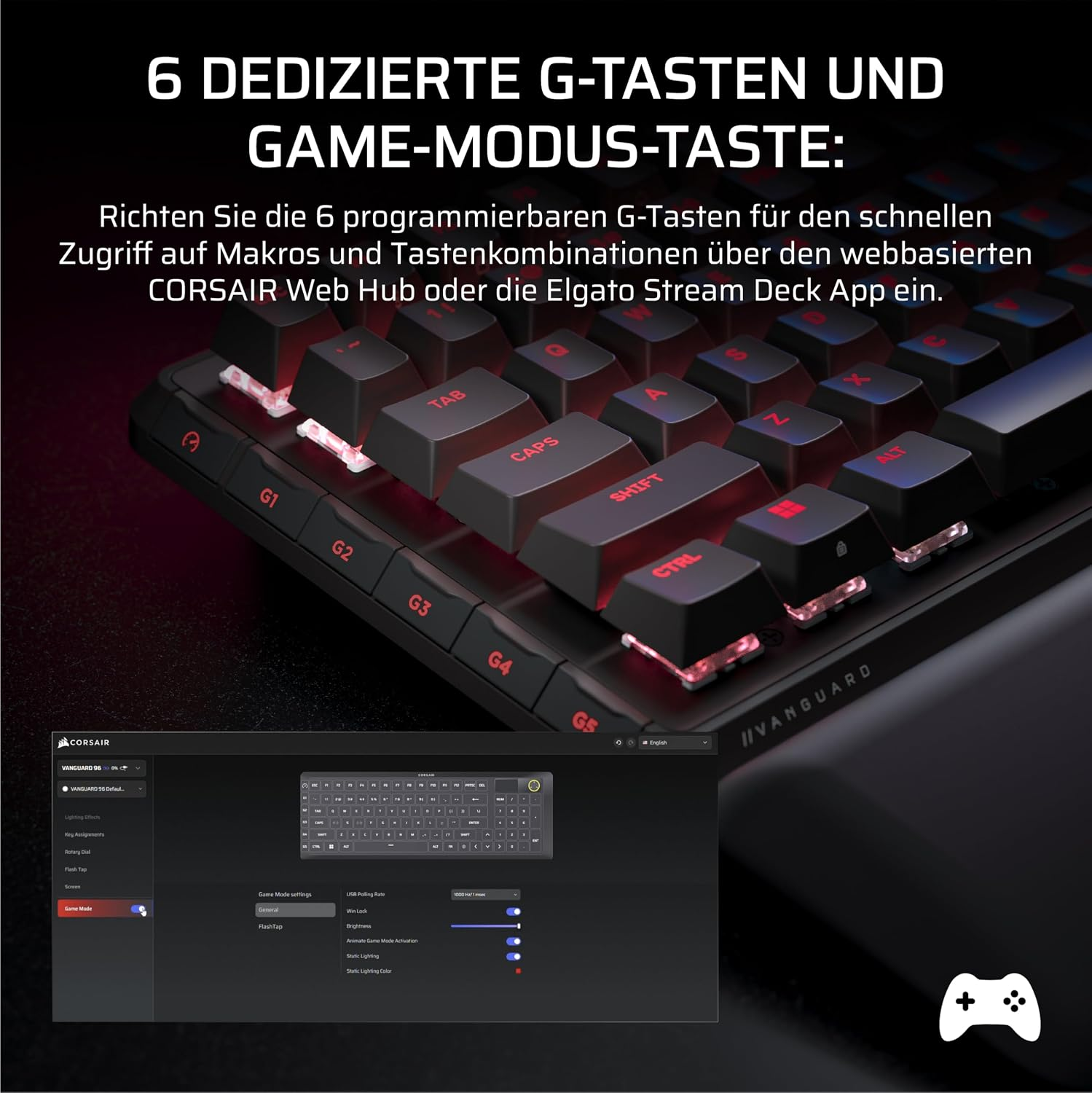 Gaming-Tastatur mit roten G-Tasten und Software-Bildschirm zur Makro-Einstellung.
