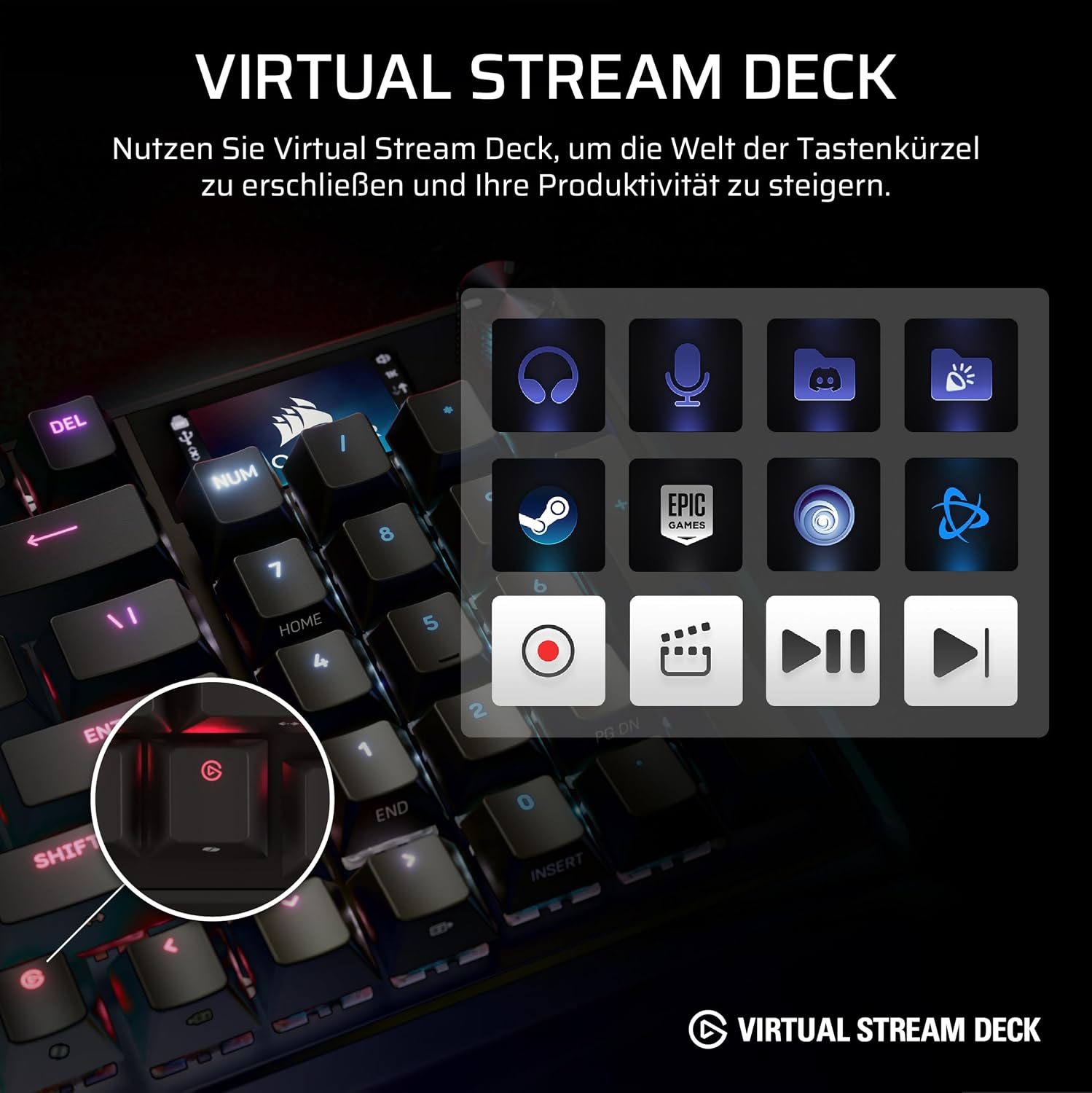 Virtuelles Stream Deck Interface über einer RGB-Tastatur, mit App-Icons für Shortcuts.