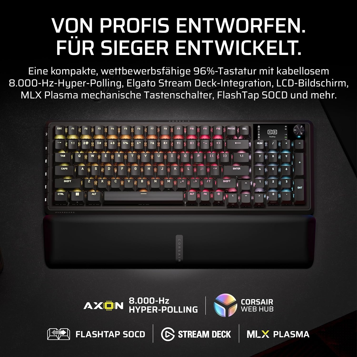 Eine schwarze Corsair-Gaming-Tastatur mit RGB-Beleuchtung, Display und Handballenauflage auf dunklem Hintergrund.