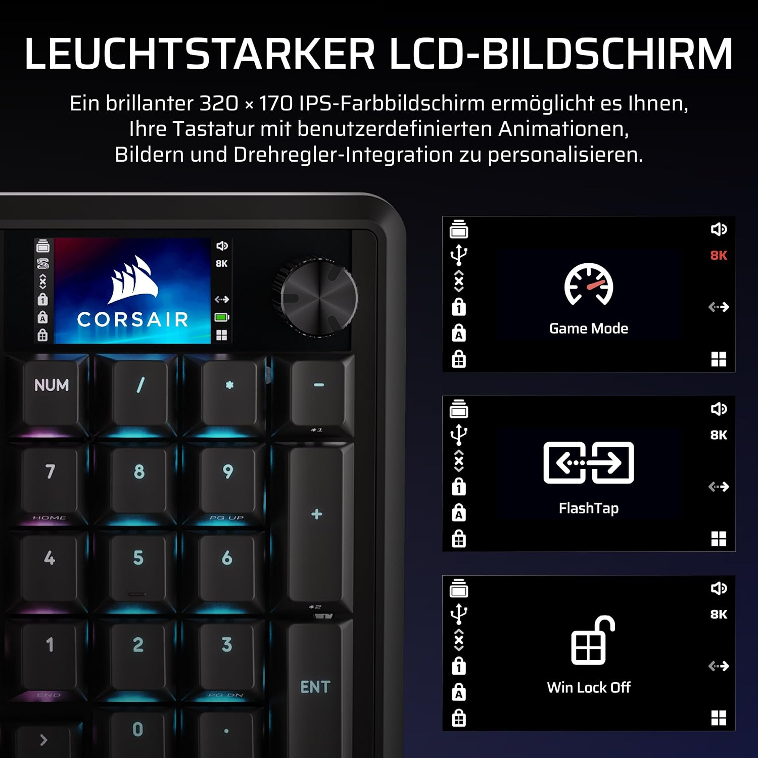 Tastatur mit hellem LCD-Bildschirm und anpassbaren Einstellungen für Spiele.