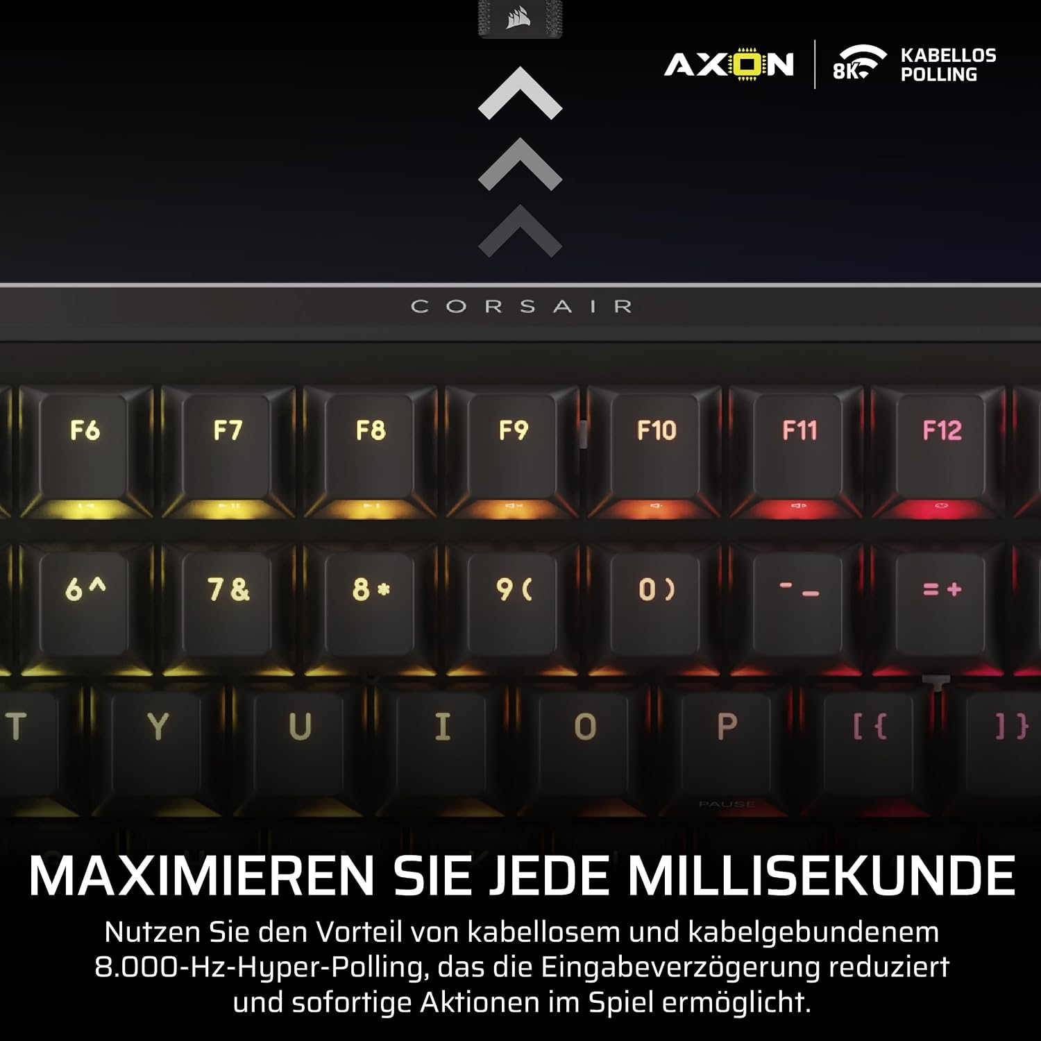 Corsair-Tastatur mit RGB-Beleuchtung, Funktionstasten F6 bis F12 und Text in deutscher Sprache.
