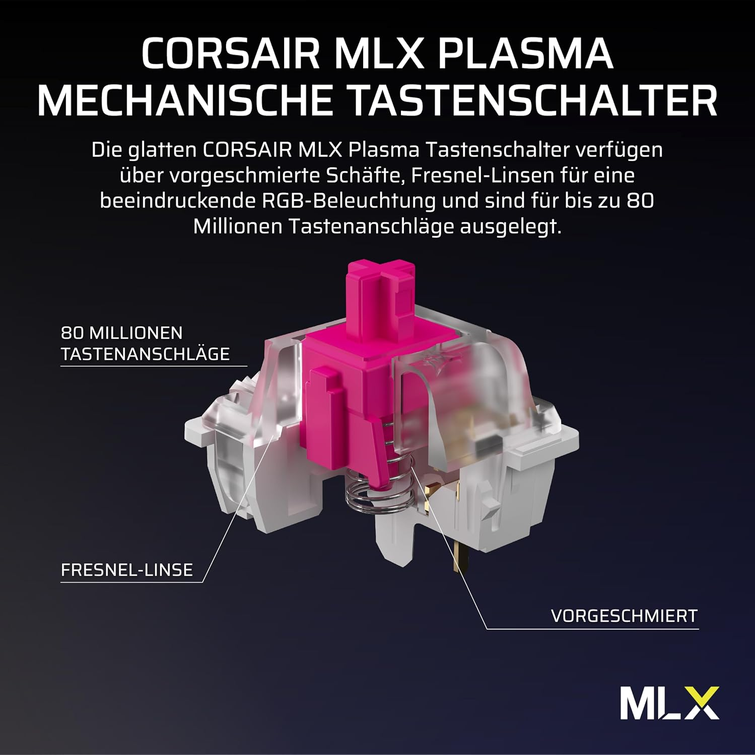 Querschnitt eines rosa-weißen Corsair MLX Plasma Tastenschalters mit deutscher Beschriftung.