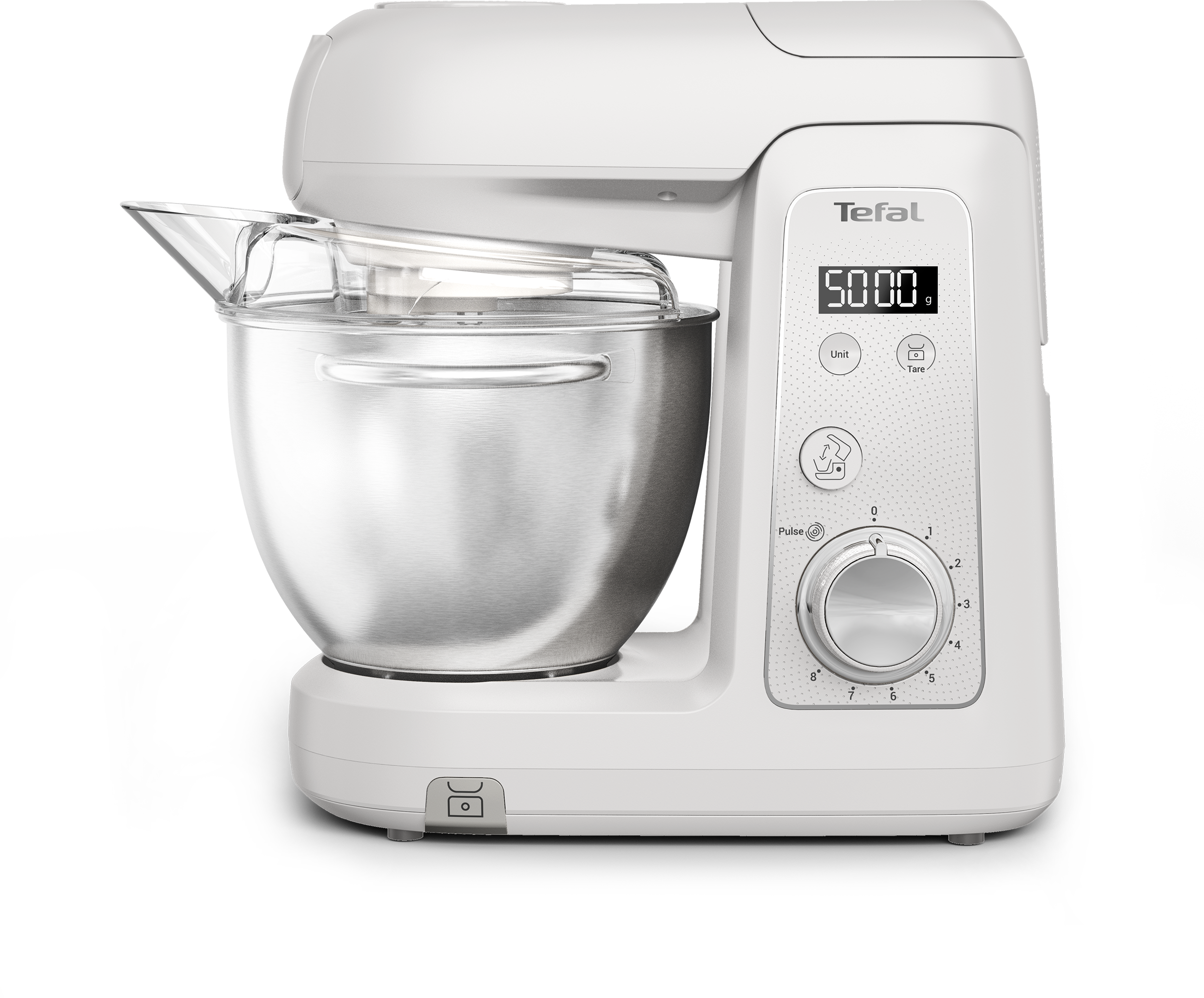 Egy fehér Tefal konyhai gép fém keverőtállal, digitális kijelzővel és sebességszabályzóval fekete háttér előtt.