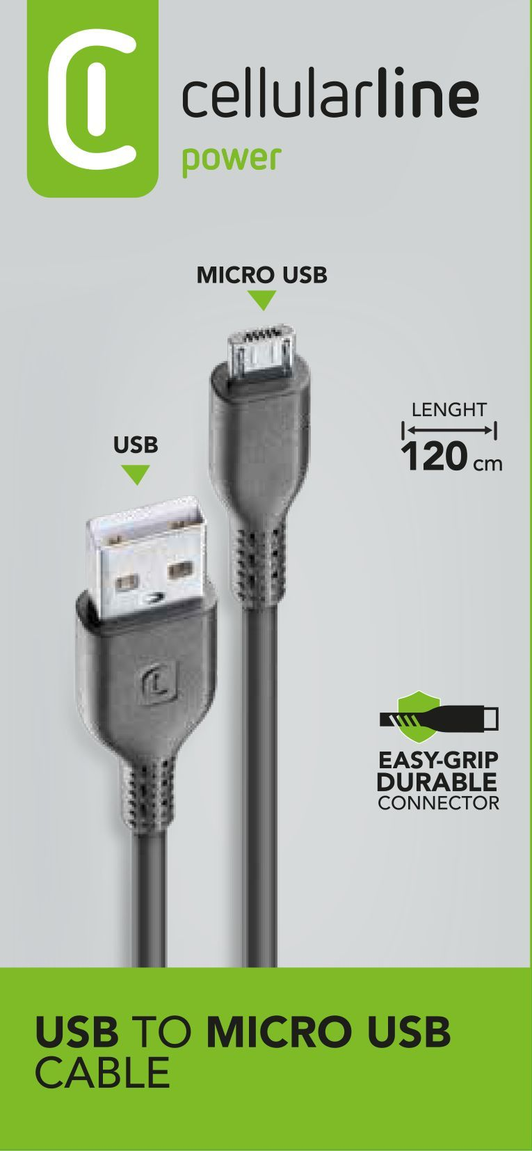 Caja embalaje gris, logo CellularLine negro y verde. Texto: "USB to micro USB Cable", "Easy grip durable conector" y "120 cm"