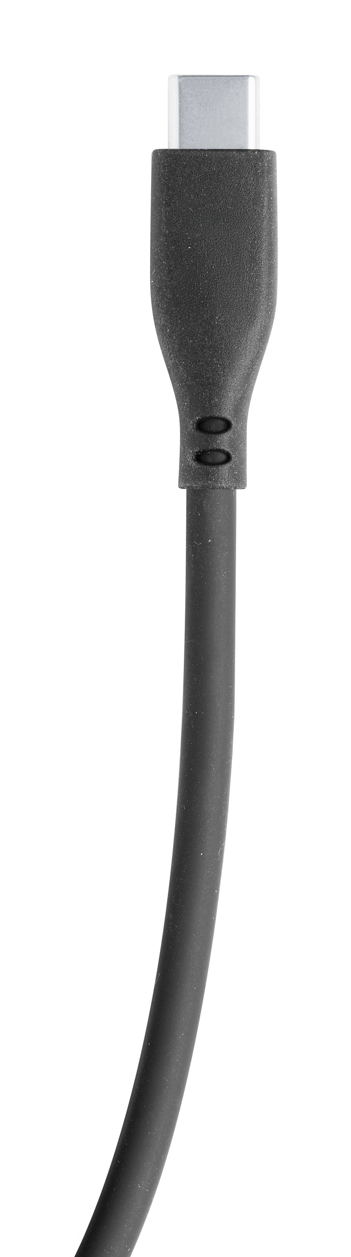 Un cable USB-C negro con un conector plateado sobre un fondo blanco.