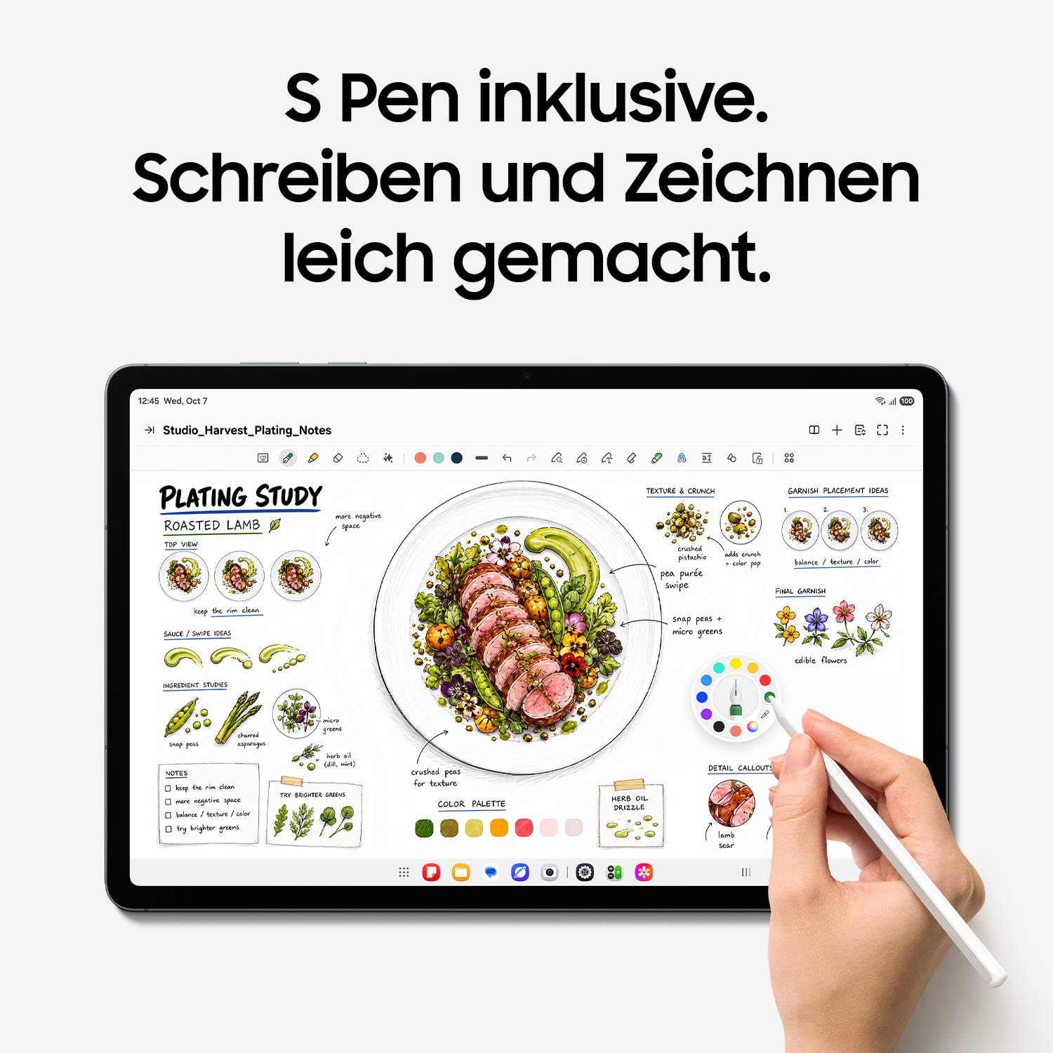 Ein Tablet zeigt handgezeichnete Plating-Notizen für ein Gericht, während eine Hand es mit einem S Pen bedient.