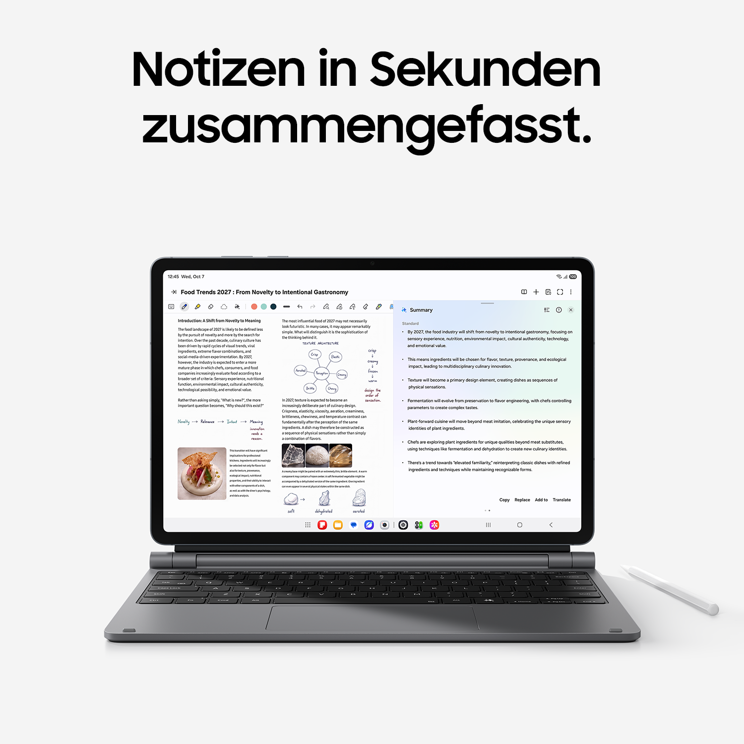 Ein Tablet mit Tastatur zeigt Textnotizen und eine KI-Zusammenfassungsfunktion.