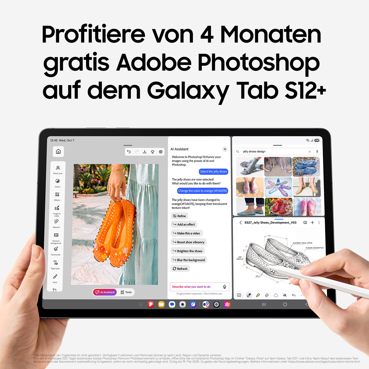 Galaxy Tab S12+ mit Adobe Photoshop, das Schuhe in einem Bild bearbeitet und skizziert.