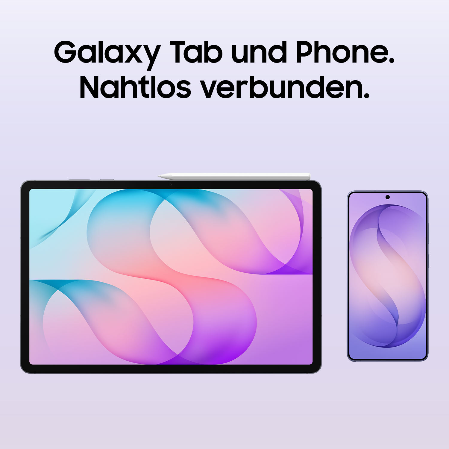 Ein Galaxy Tablet und ein Smartphone mit passenden bunten Hintergrundbildern und der Text 'Galaxy Tab und Phone'.