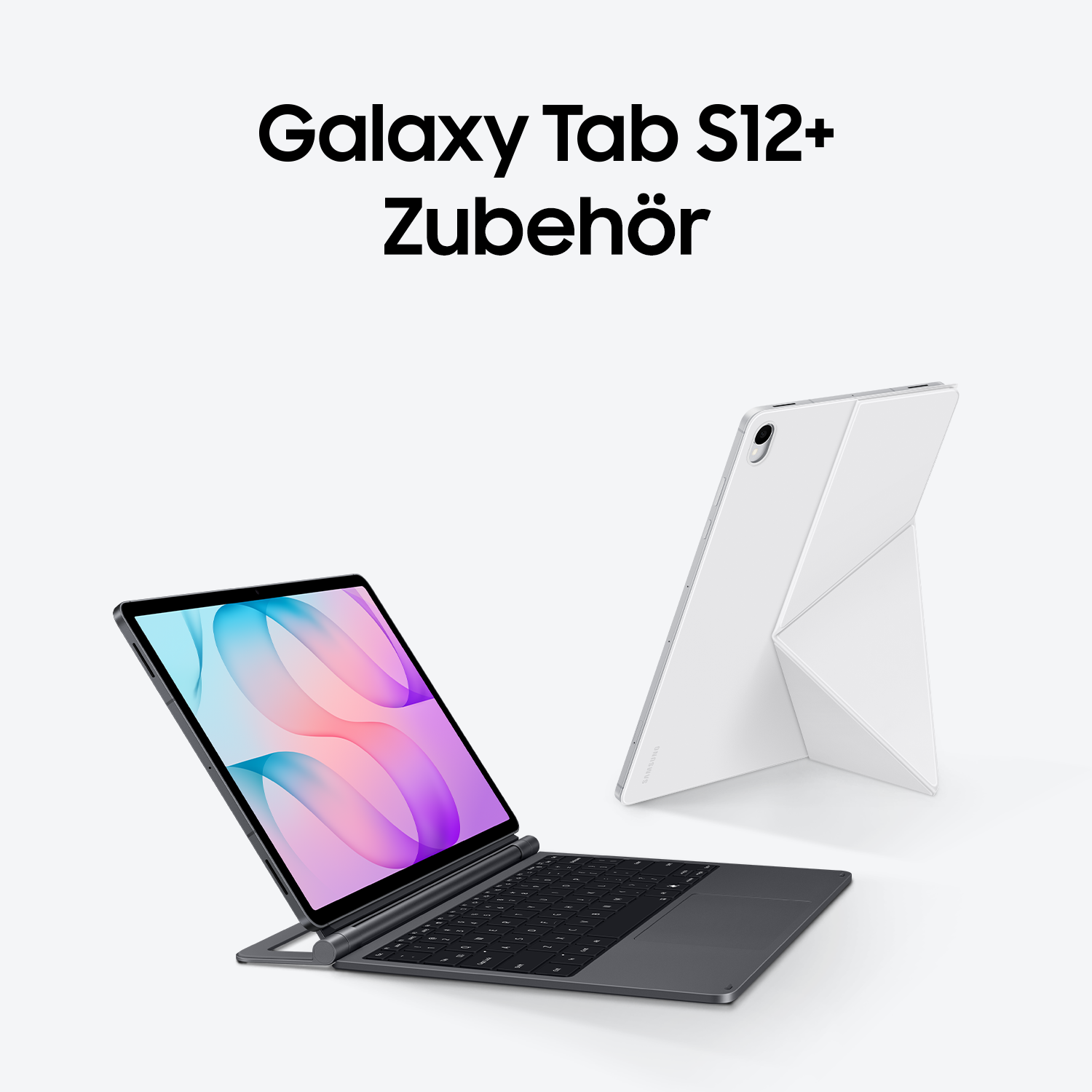 Galaxy Tab S12+ mit Tastatur und weißer Schutzhülle auf weißem Grund.