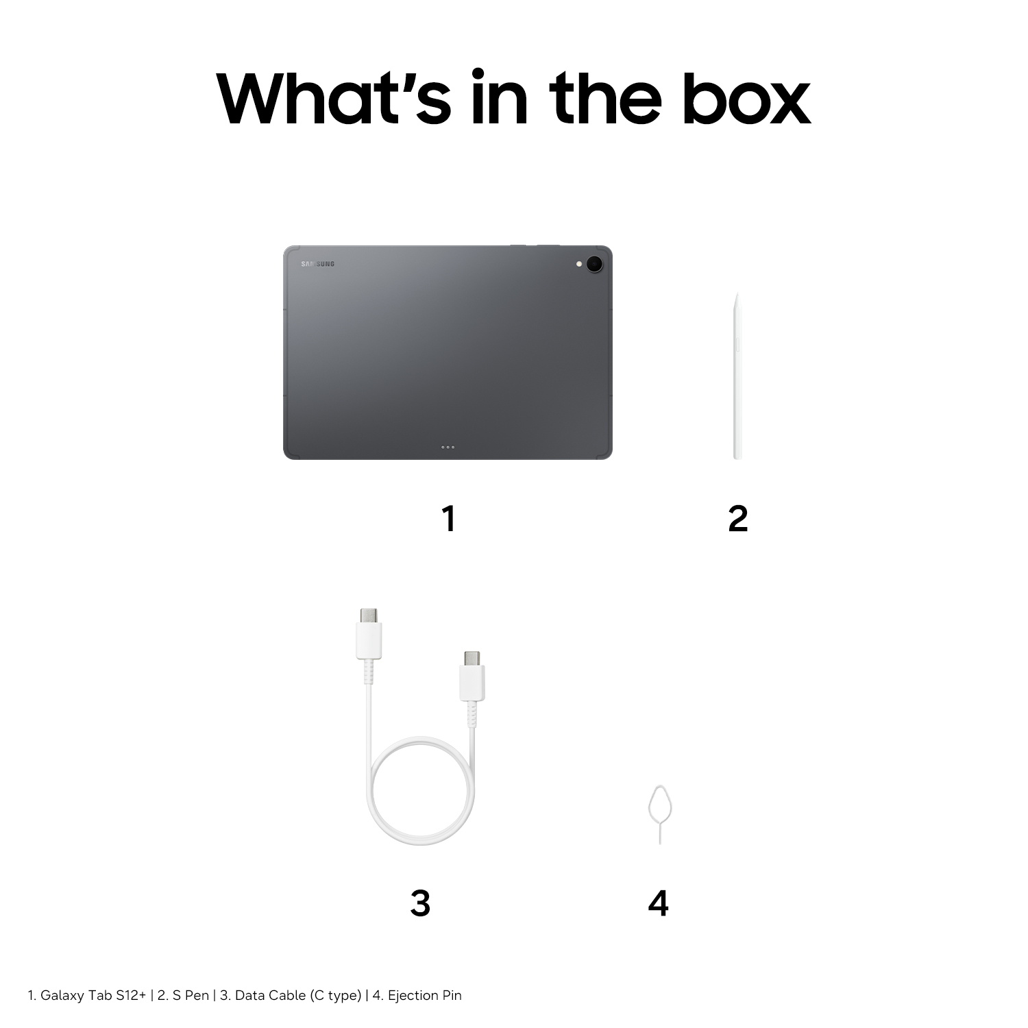 Was in der Box ist: Galaxy Tab S12+, S Pen, USB-C-Datenkabel und Auswurfstift.