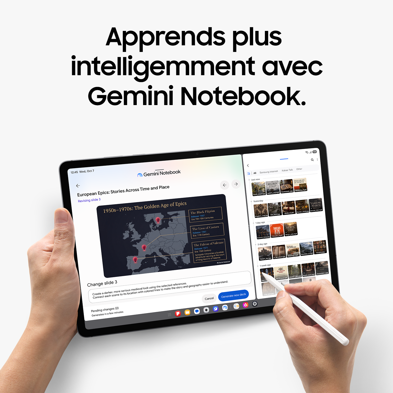 Une tablette affiche l'application Gemini Notebook tandis que des mains la tiennent et utilisent un stylet.