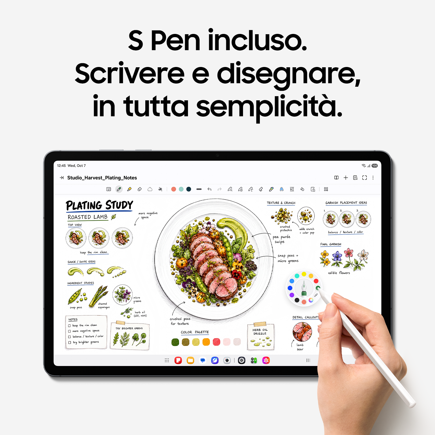 Un tablet mostra schizzi di piatti di cibo mentre una mano usa la S Pen.