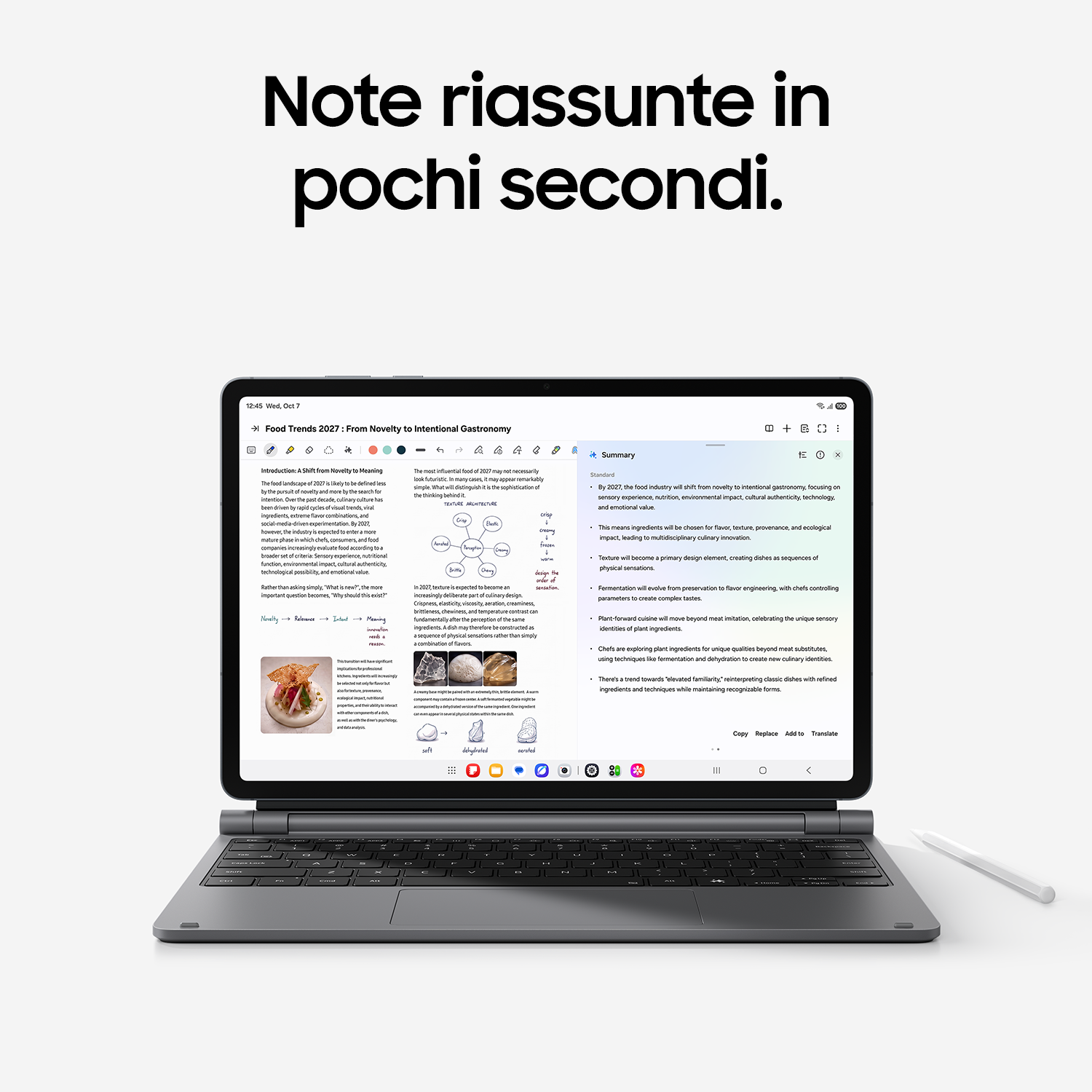 Un tablet con tastiera mostra un documento e un riassunto con testo in italiano.