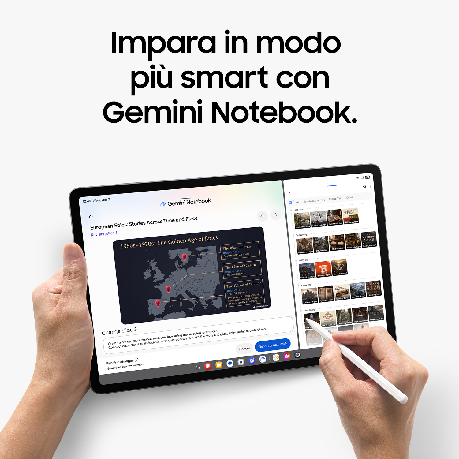 Un tablet tra le mani mostra Gemini Notebook mentre un pennino tocca lo schermo.
