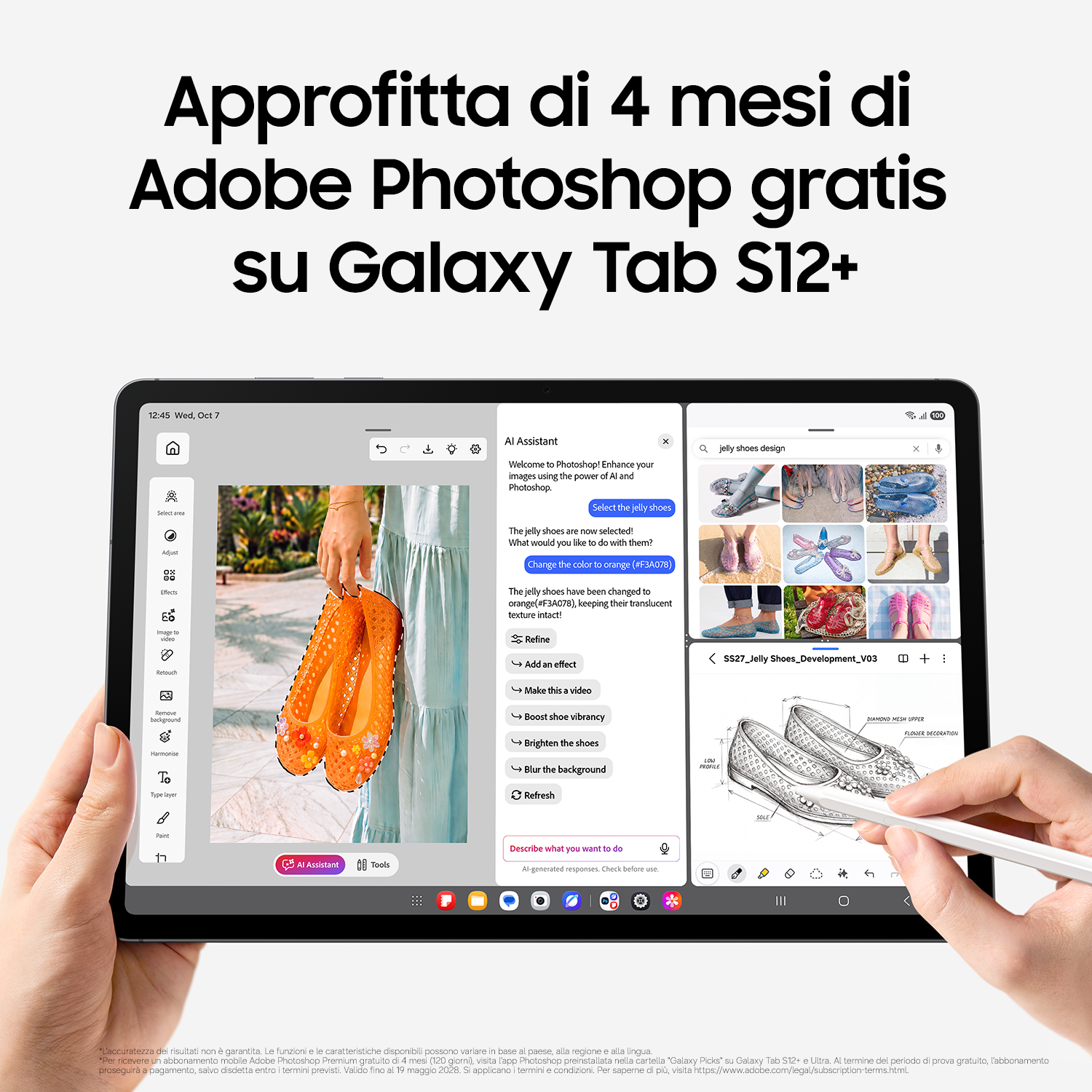 Galaxy Tab S12+ mostra l'app Photoshop con modifica AI e uno schizzo.