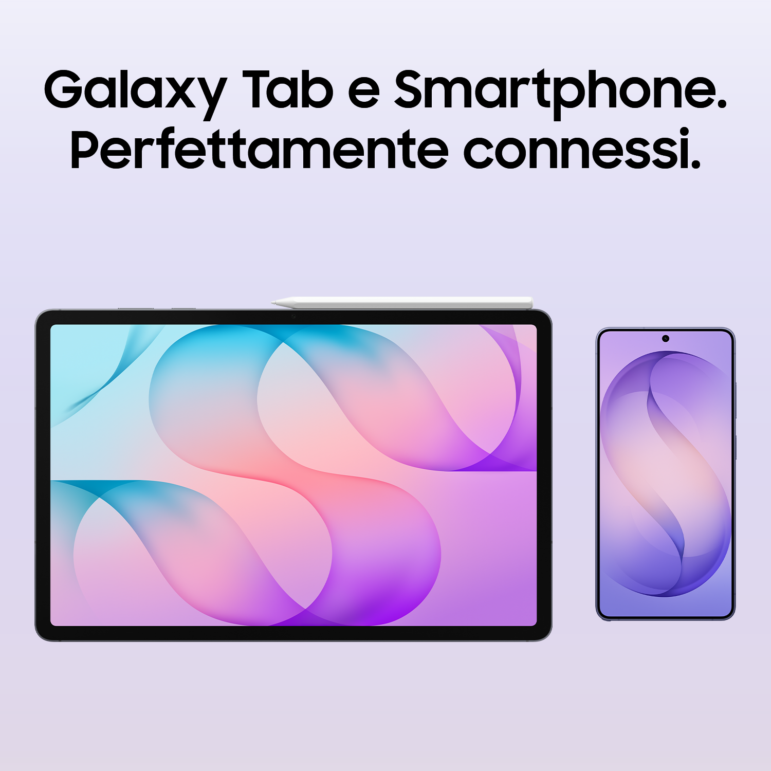 Un tablet e uno smartphone su uno sfondo viola chiaro con testo in italiano in alto.