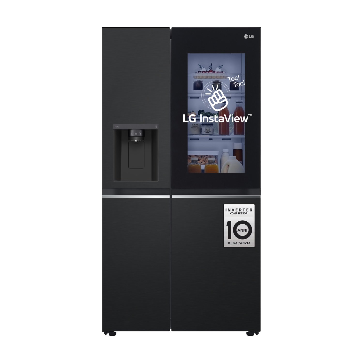 Un frigorifero side-by-side nero LG InstaView con distributore d'acqua e anta in vetro.