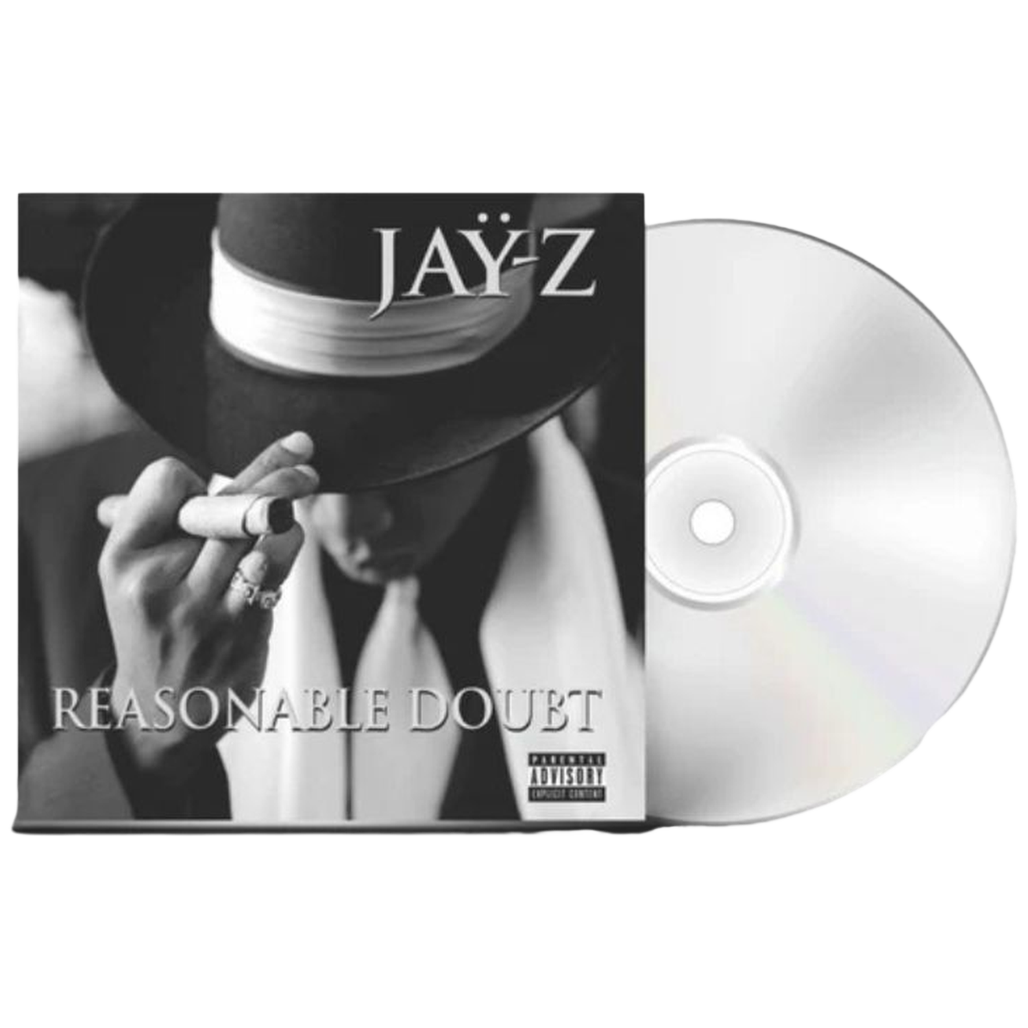Zwart-wit cd-hoes van Jay-Z - Reasonable Doubt met hoed en sigaar, en een cd ernaast.
