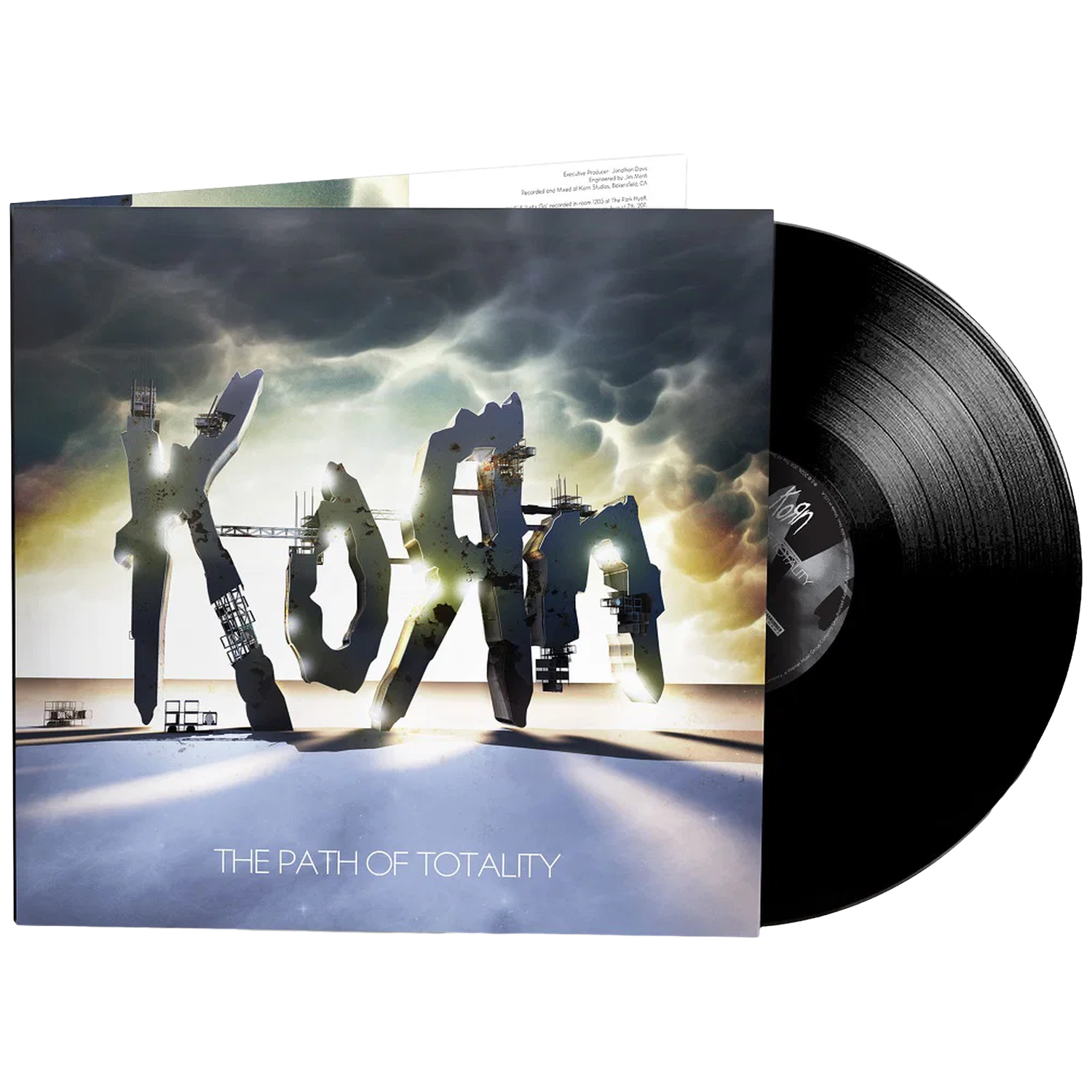 Vinylalbumhoes met de titel The Path of Totality, met reusachtige verwoeste letterconstructies.