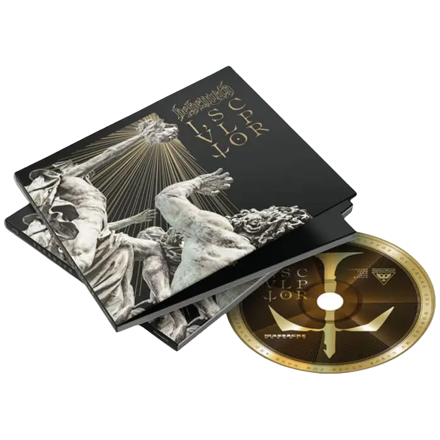 Un boîtier de CD de musique noire avec une statue classique et un CD doré, sur fond sombre.