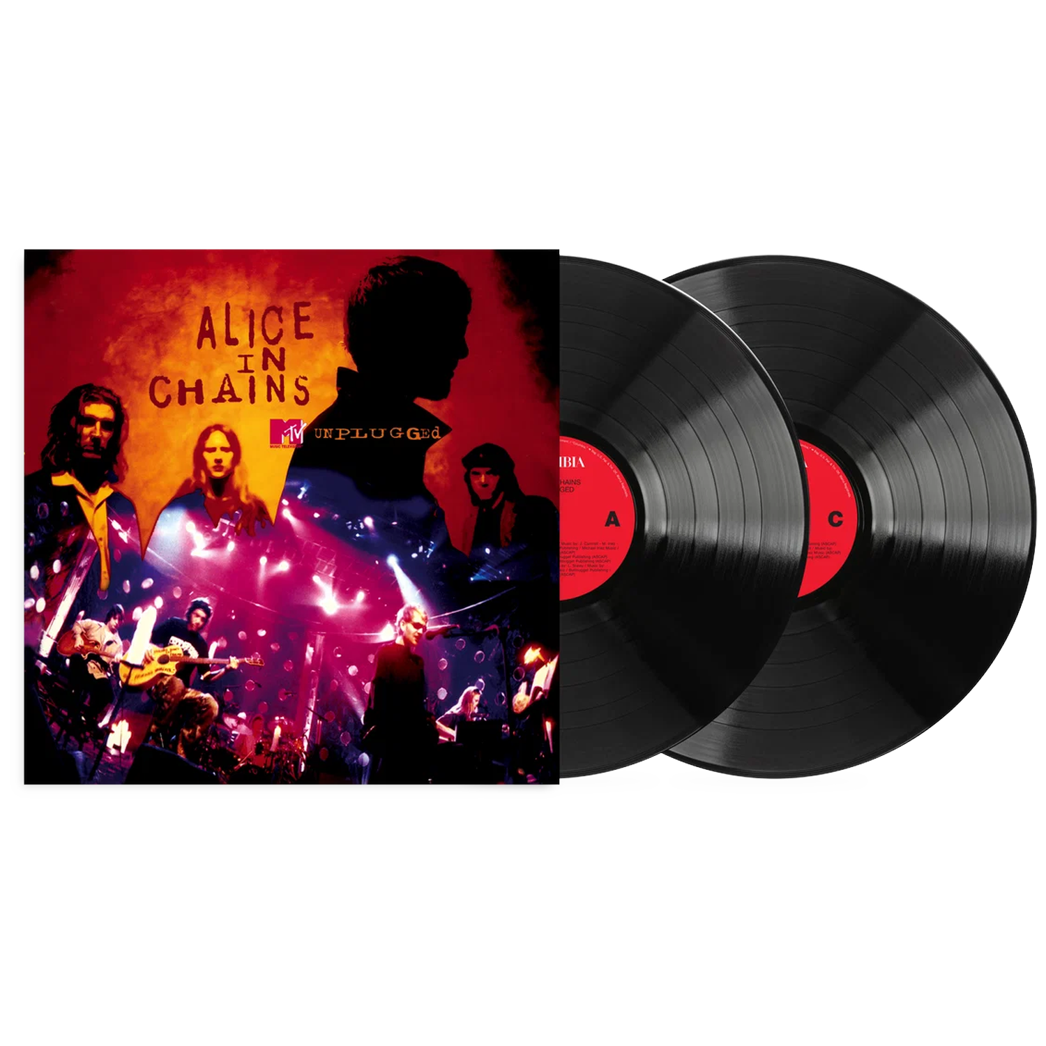 Pochette d'album vinyle MTV Unplugged d'Alice in Chains et deux disques noirs avec étiquettes rouges sur fond noir.