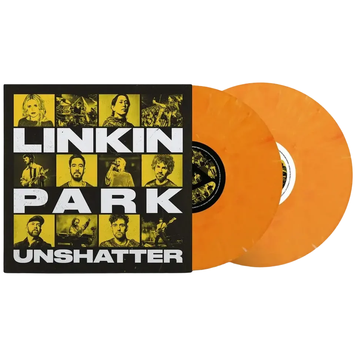 Pochette d'album vinyle Linkin Park Unshatter avec des photos et deux disques marbrés orange.