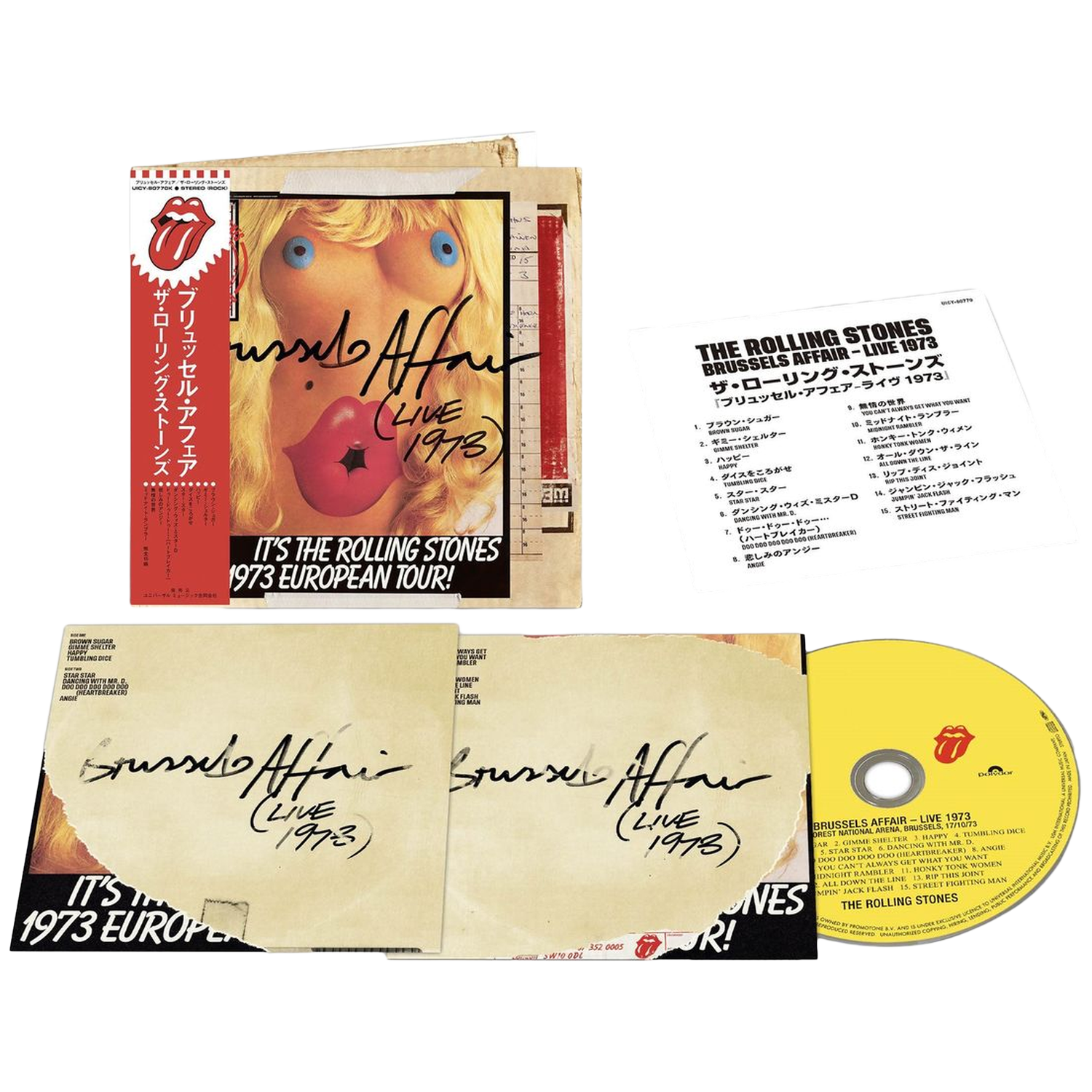 The Rolling Stones Brussels Affair Live 1973 albumset met cd en inlays op zwarte achtergrond.