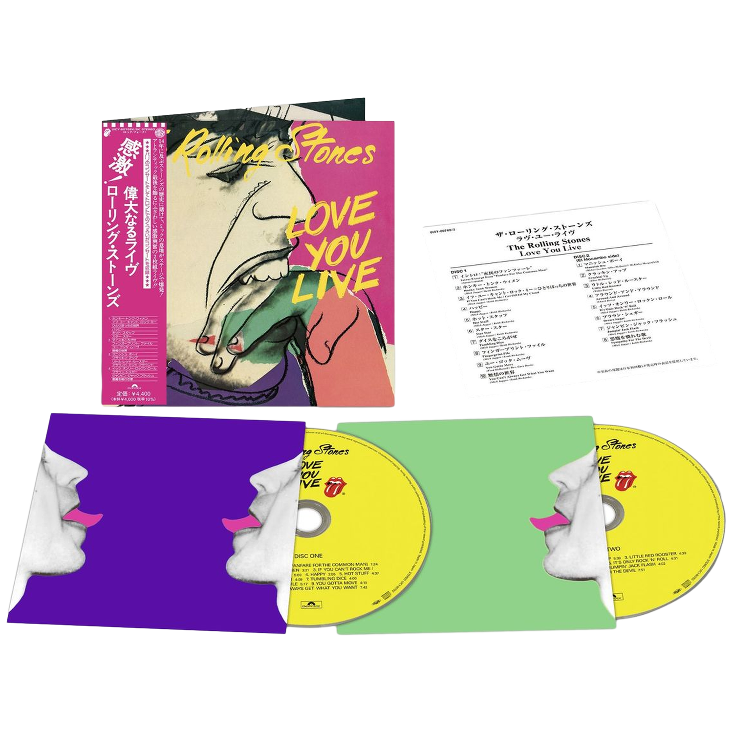 Het Rolling Stones album Love You Live, met openklapbare hoes, twee gele cd's en inlegvel op zwarte achtergrond.