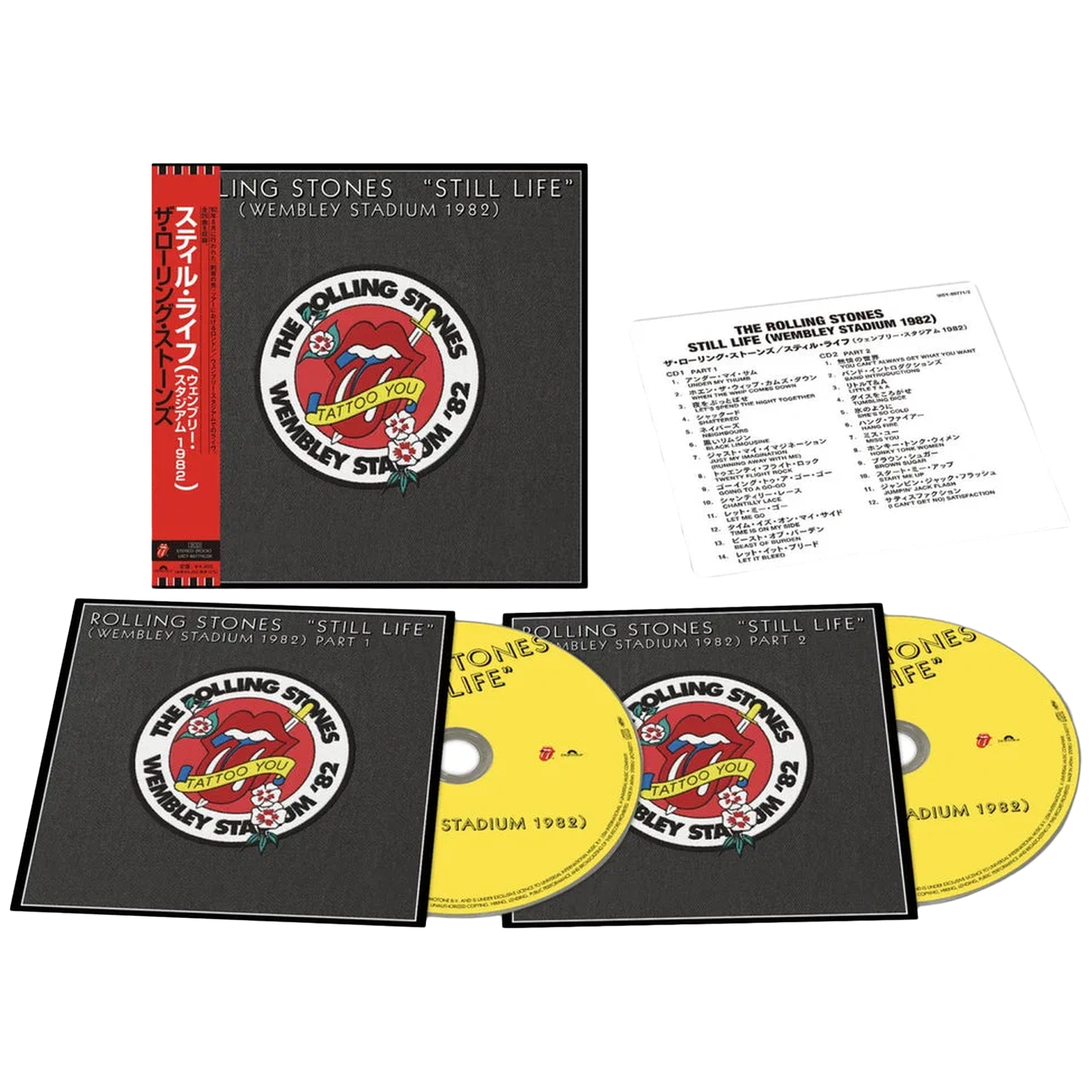 Rolling Stones Still Life live album set met cd's, hoes, OBI-strip en tracklist op zwarte achtergrond.
