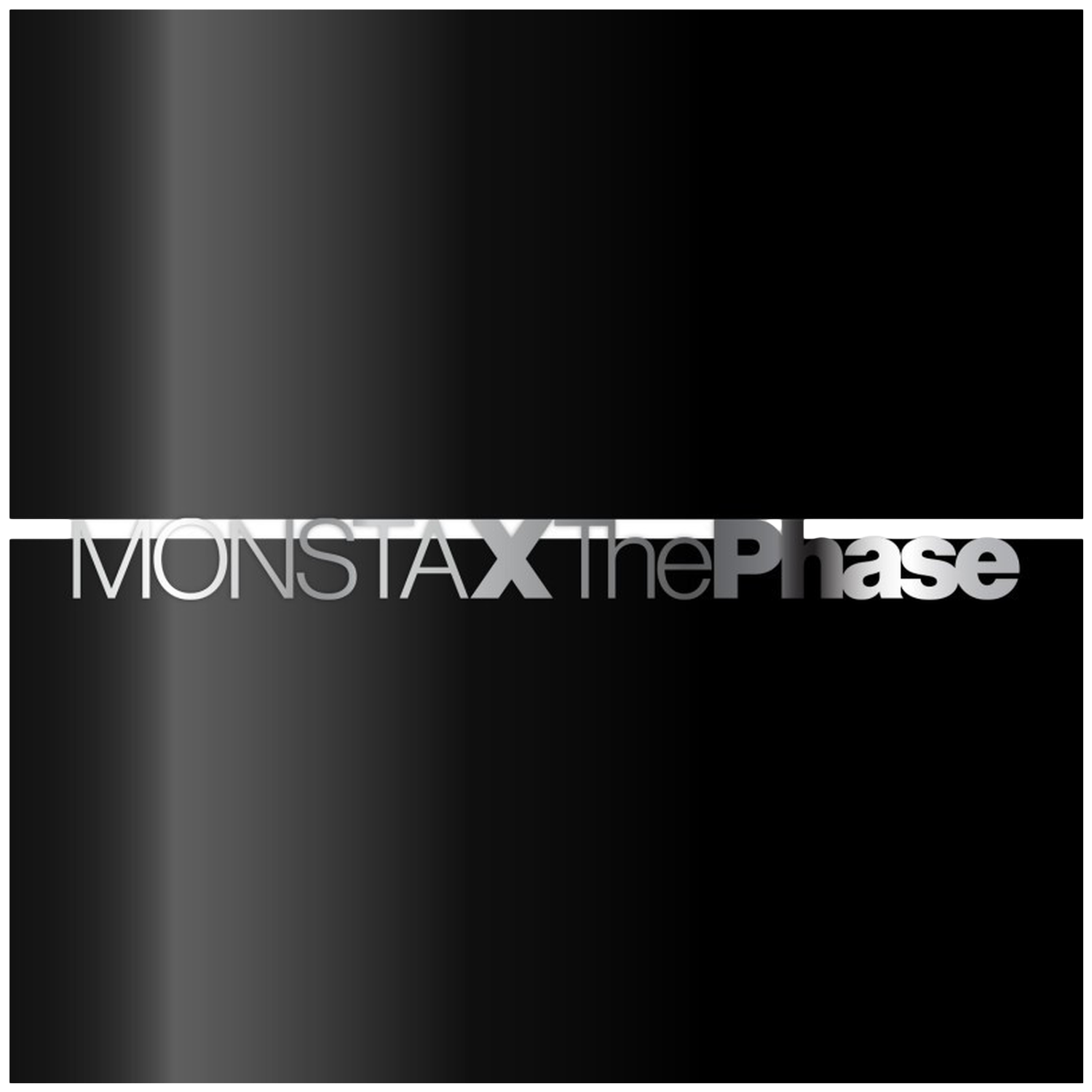 Zwarte hoes met de tekst MONSTA X The Phase in zilveren letters op een horizontale lijn.