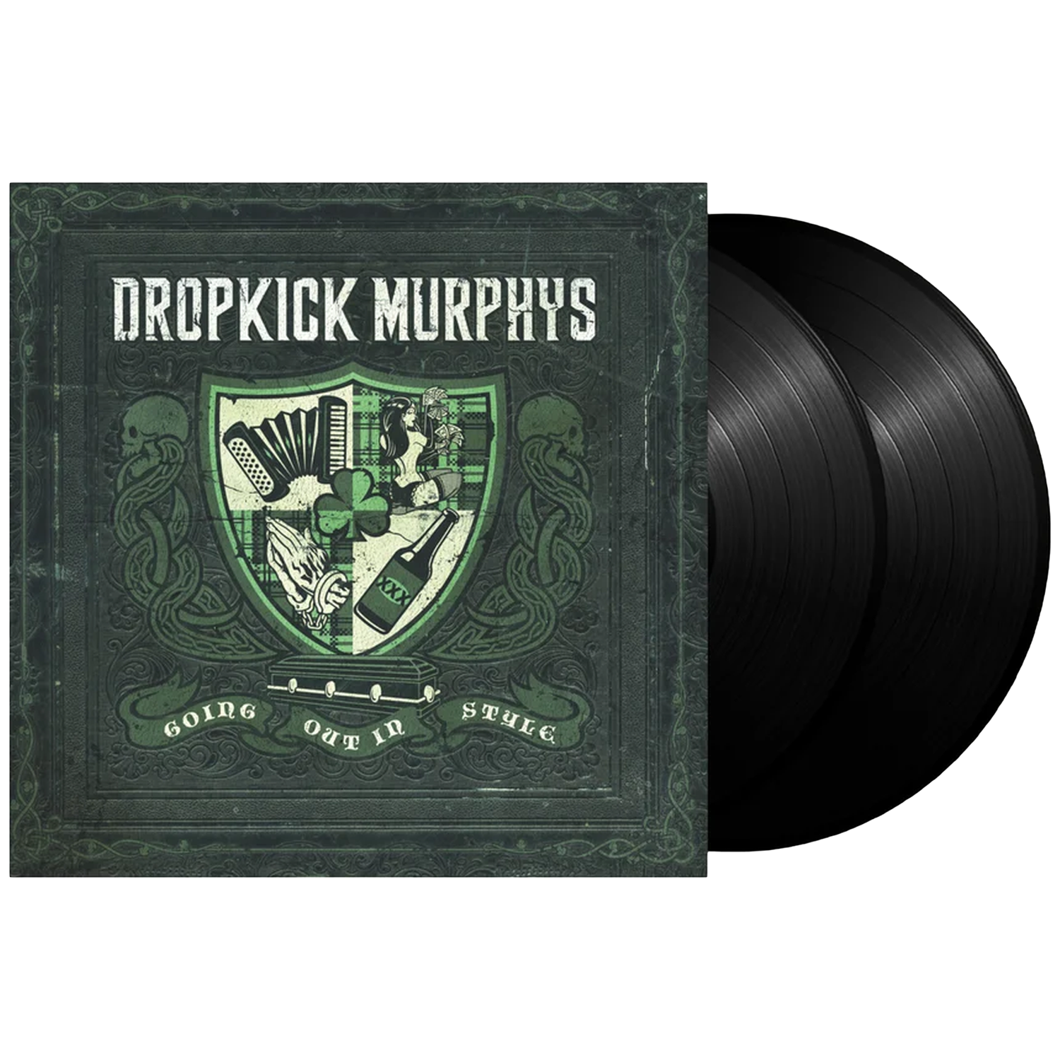 Dropkick Murphys 'Going Out In Style' dubbel vinyl albumhoes in groen met Keltische motieven en schedels.