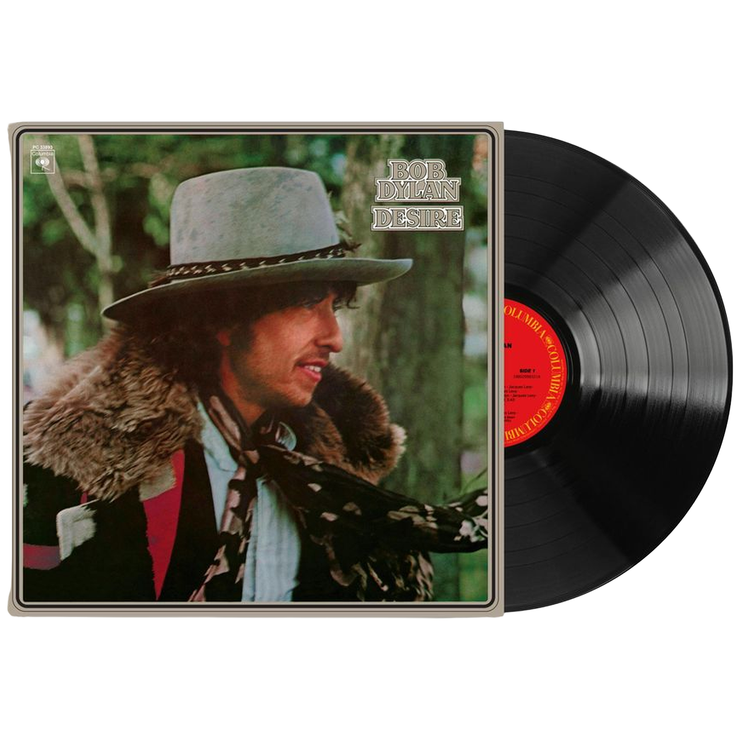Bob Dylan's album Desire met buitenhoes en een zwarte vinylplaat.