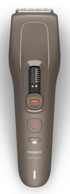 Brązowa maszynka do strzyżenia włosów Philips ze skalą długości, przyciskiem zasilania i trybem turbo.