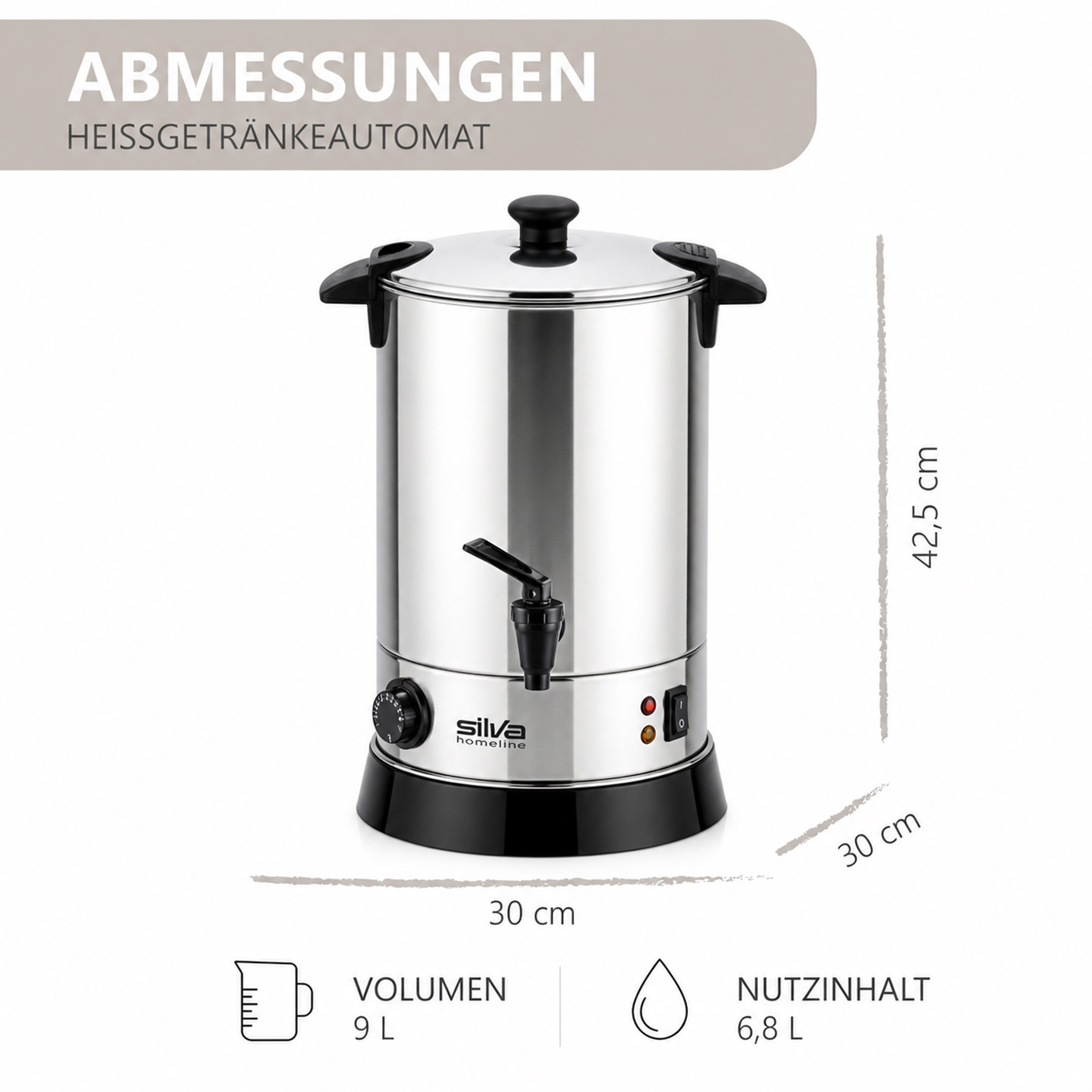 Edelstahl-Heißgetränkeautomat mit Zapfhahn, Maßen und Kapazitätsangaben.