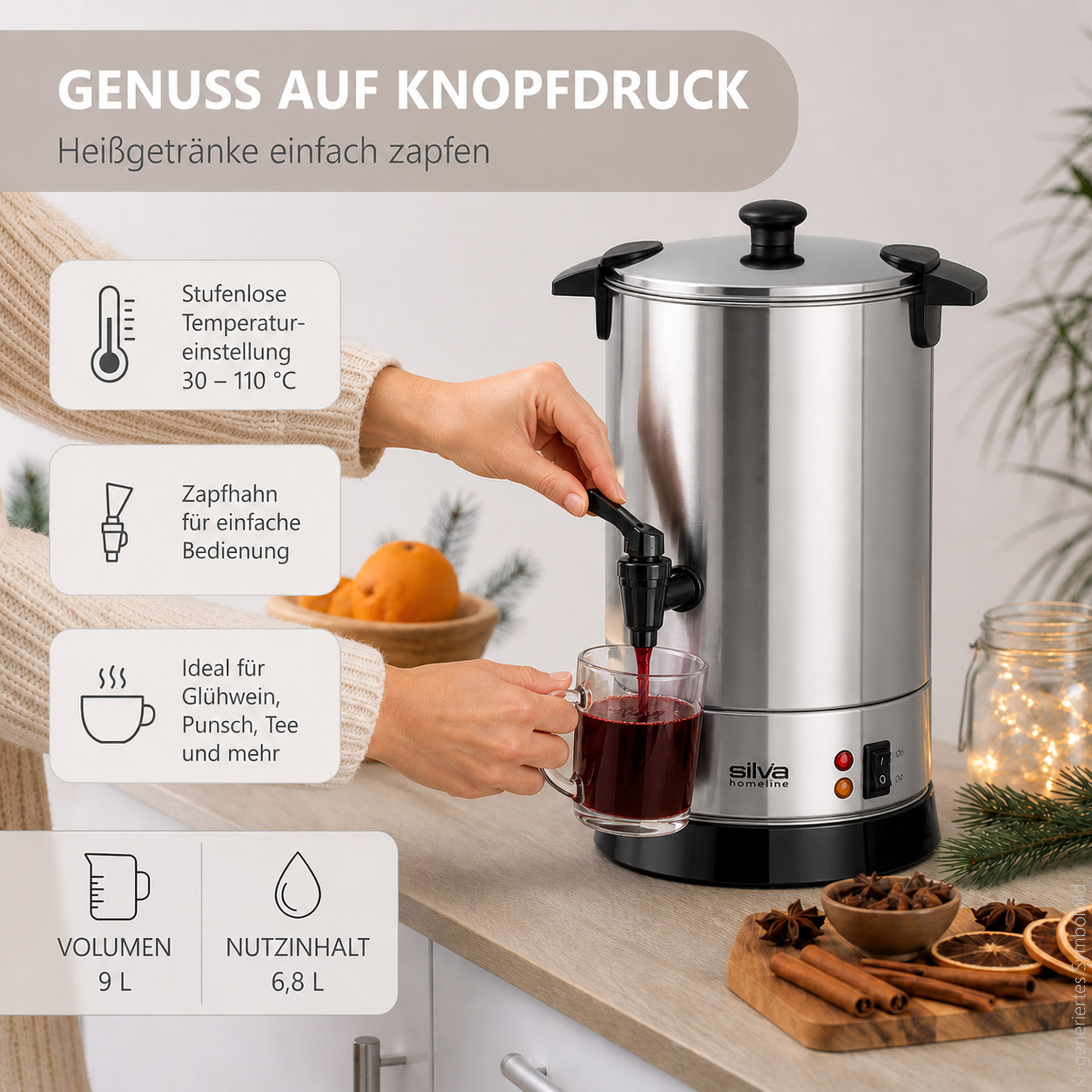 Eine Person zapft Glühwein aus einem Edelstahl-Heißgetränkespender mit Infografiken.