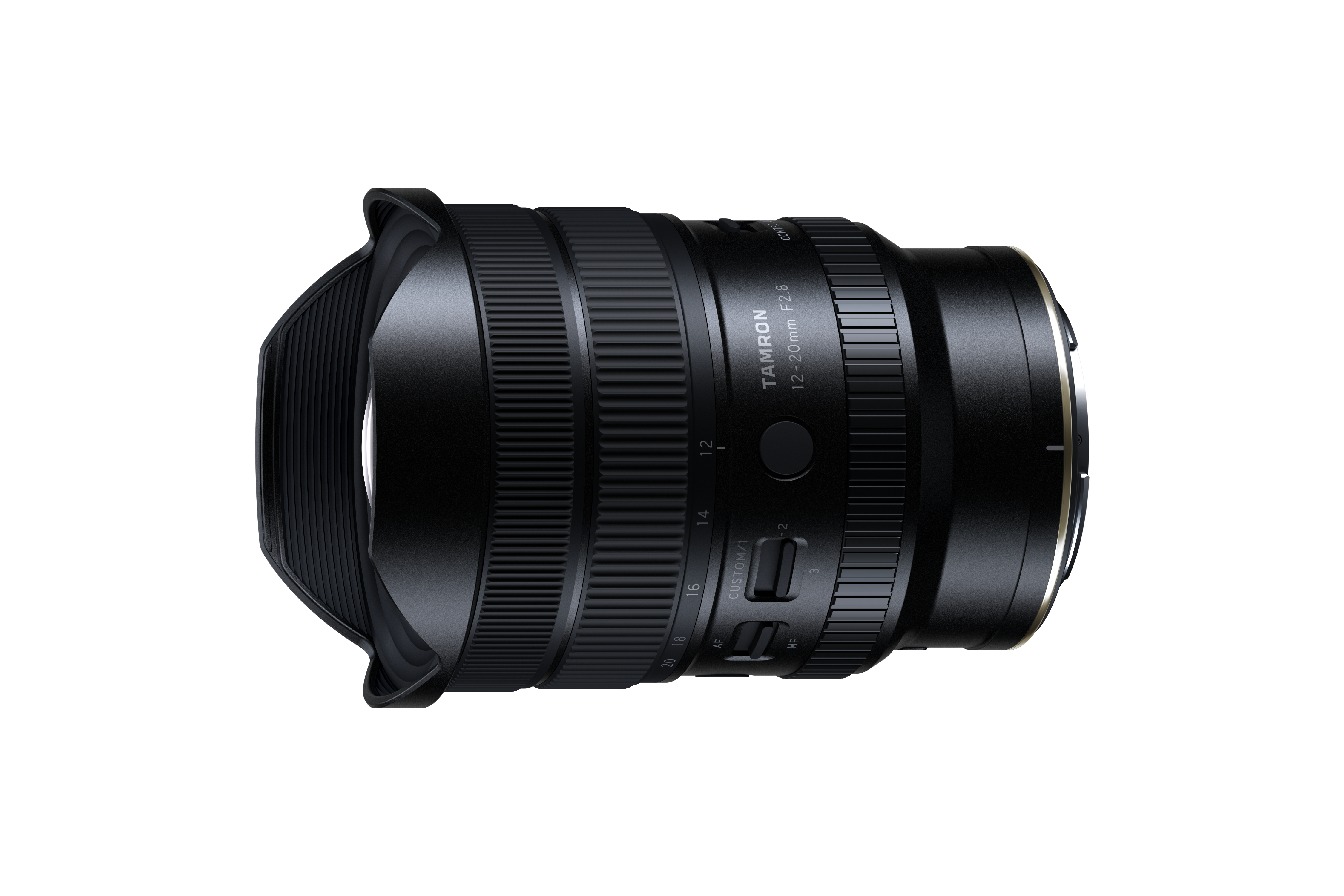 Schwarzes Tamron 12-20mm F2.8 Weitwinkel-Kameraobjektiv auf weißem Hintergrund.