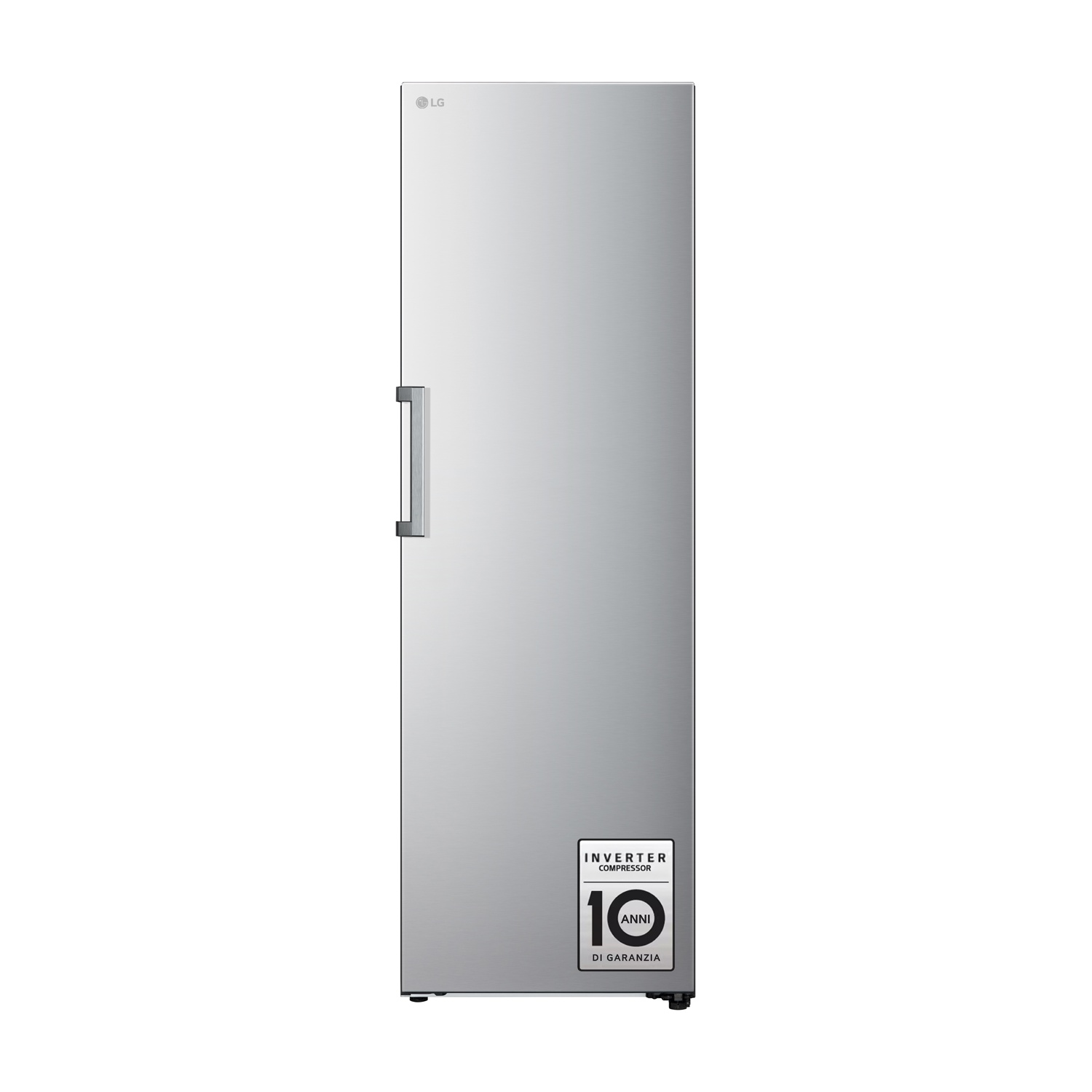 Un congelatore verticale LG argentato con maniglia verticale e adesivo 10 anni di garanzia.