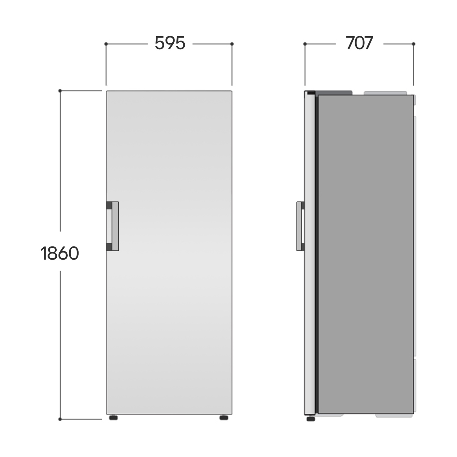 Disegno tecnico di un frigorifero con dimensioni 1860x595x707 mm.